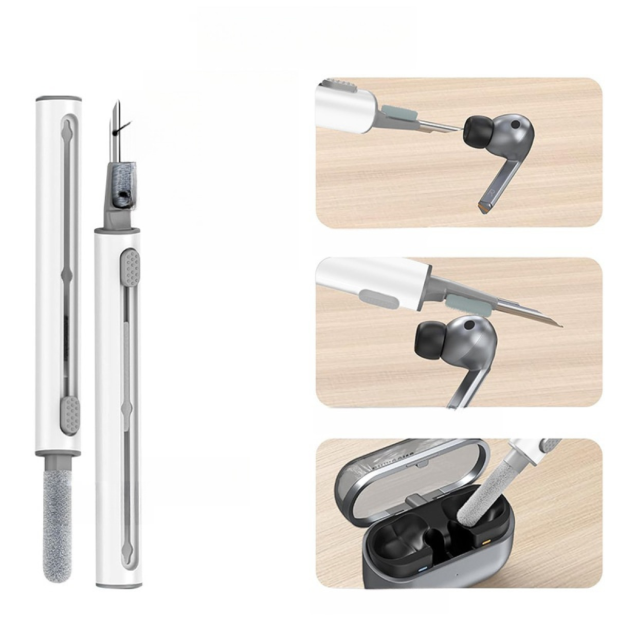 Le immagini mostrano un kit di pulizia per auricolari bianco e grigio e come viene utilizzato per pulire gli auricolari.