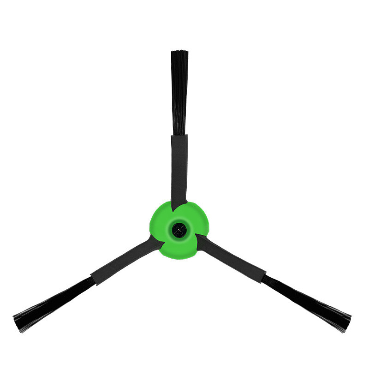 Szczotka do odkurzacza z trzema ramionami, czarnym włosiem, zielonym środkiem, na białym tle.