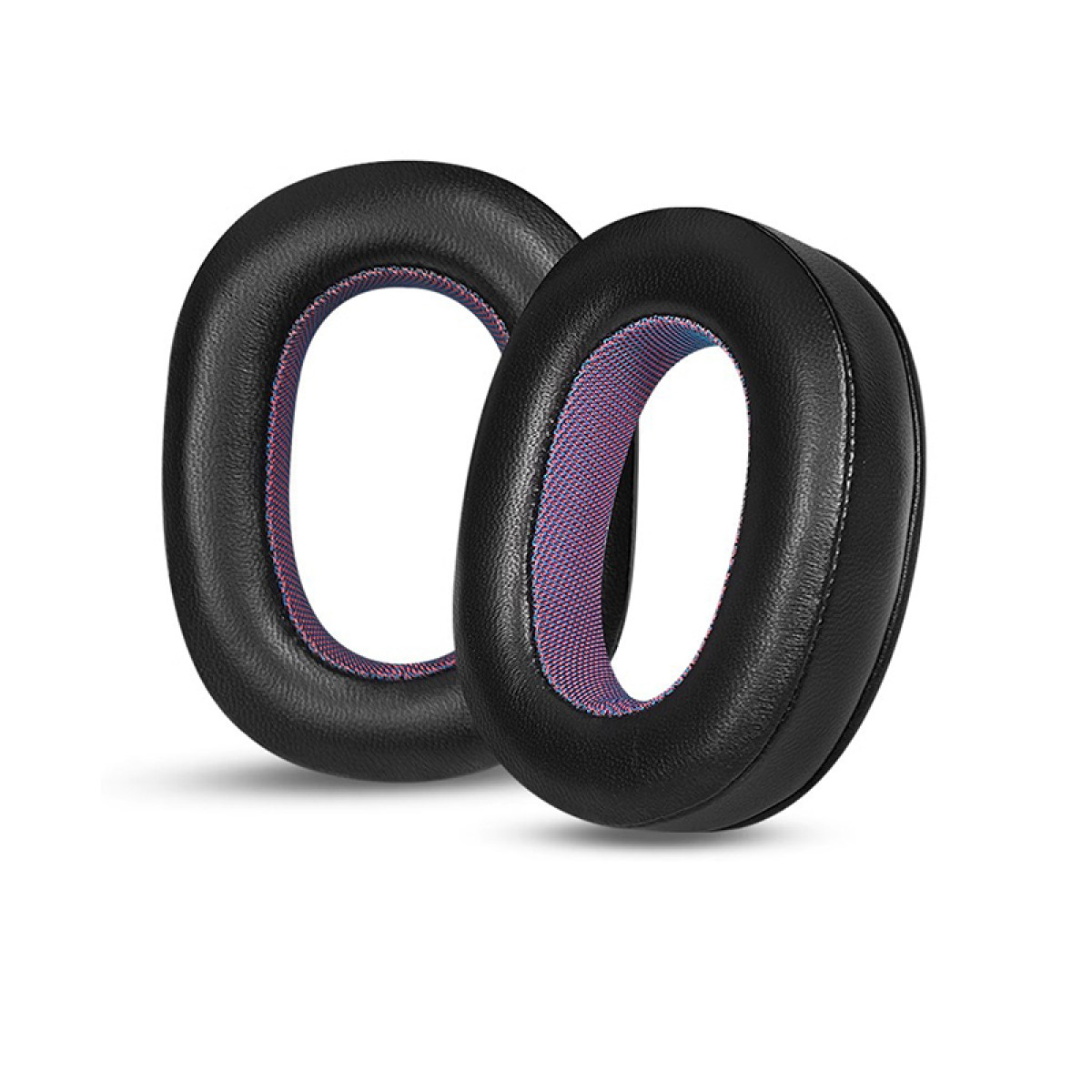 Zwei schwarze Ohrpolster. Die Innenseite ist aus blau-violettem Mesh-Material.