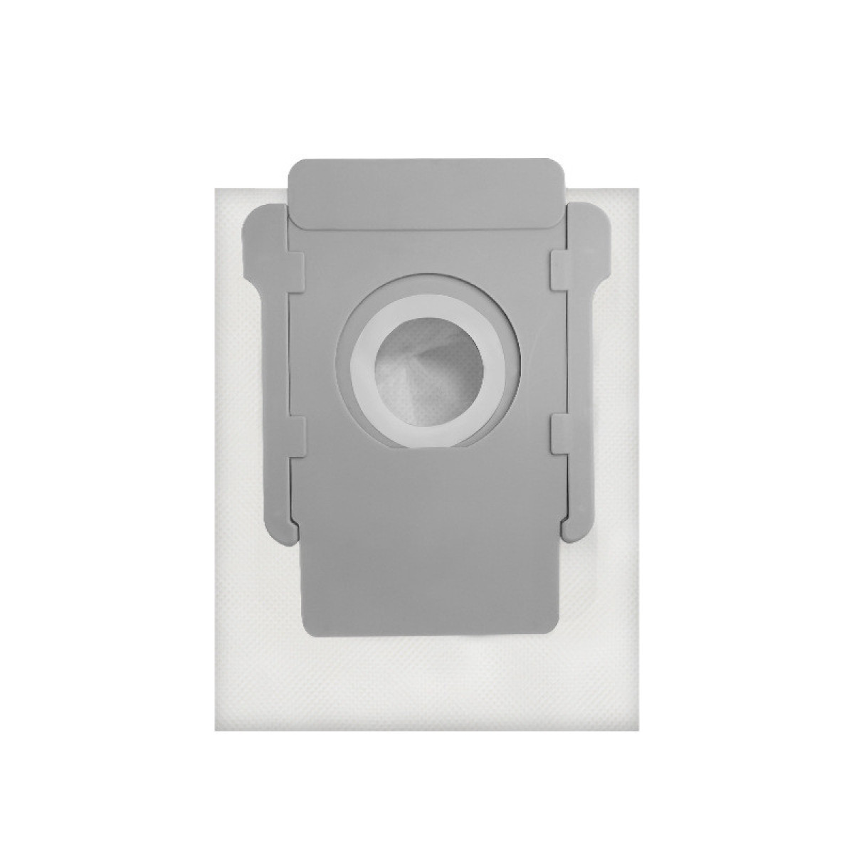 Szary worek do odkurzacza z okrągłym otworem i prostokątną górną częścią.