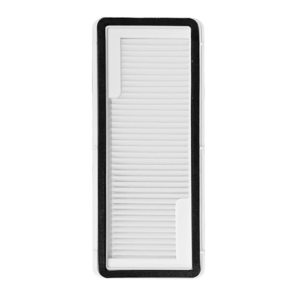 Biały filtr powietrza z czarną ramą. Filtr ma wzór kratki.