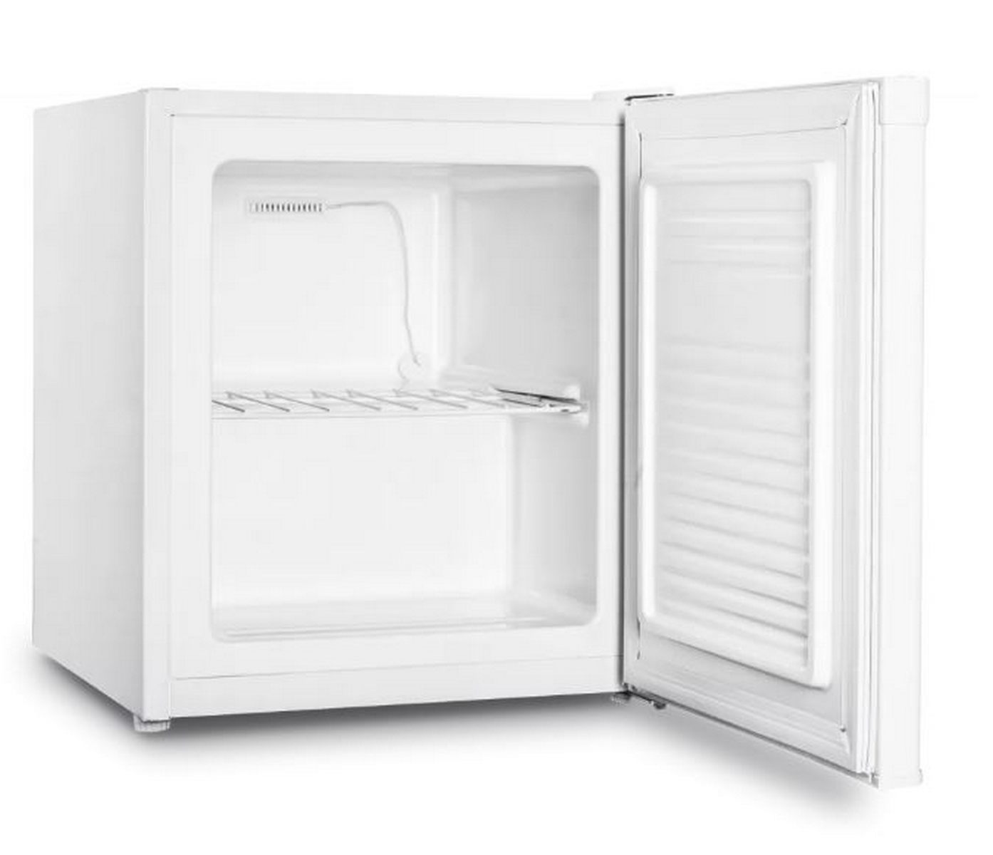 Mini-nevera blanca con la puerta abierta, mostrando el interior con una estantería. Está vacía.
