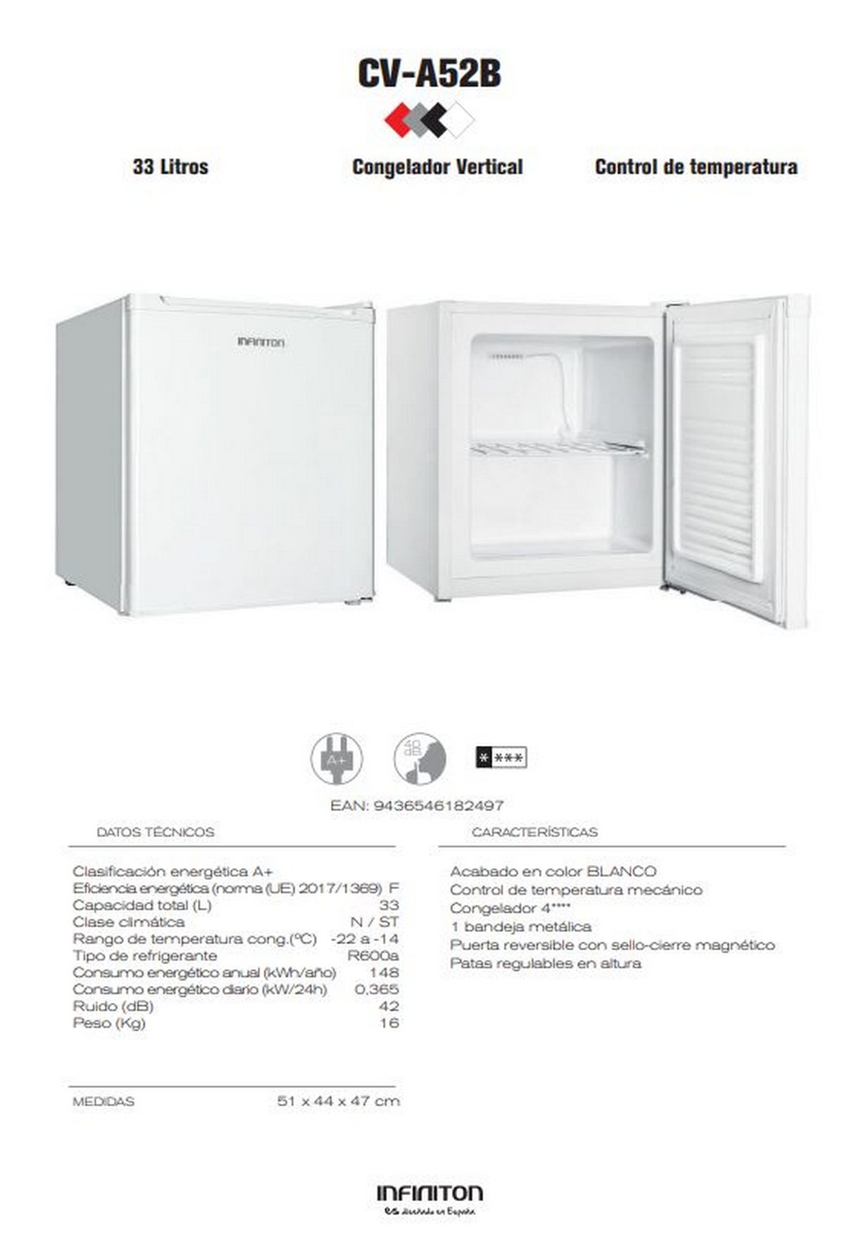Un pequeño frigorífico blanco con la puerta abierta, con especificaciones al lado.
