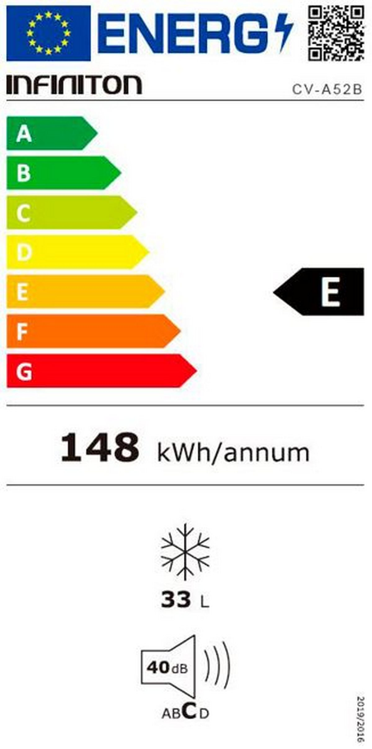 Etiqueta energética. Muestra la clasificación de eficiencia energética de un refrigerador con datos de consumo.