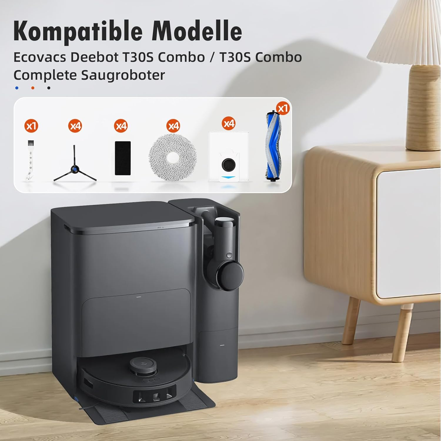 Robot sprzątający i akcesoria, z tekstem powyżej.