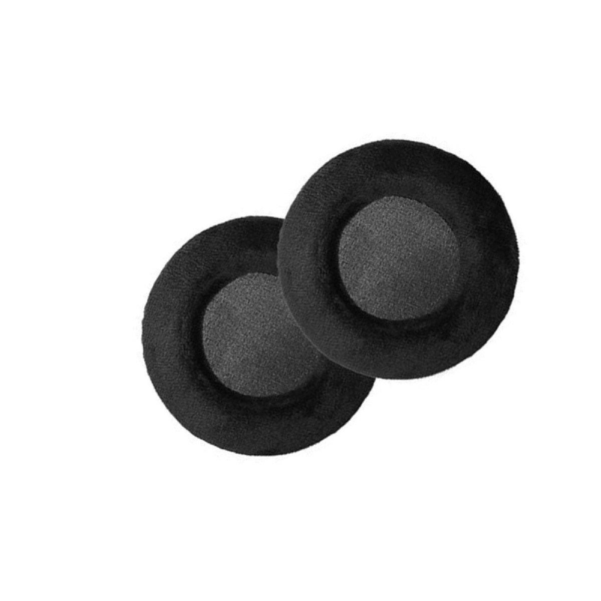 Dwie czarne nausznice. Są okrągłe, miękkie i mają centralne wklęśnięcie.