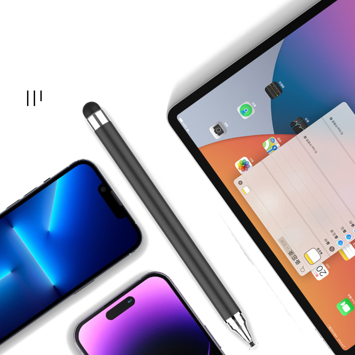 Eingabestift, Tablet und zwei Telefone. Das Tablet zeigt Apps, Telefone sind nicht im Bild.