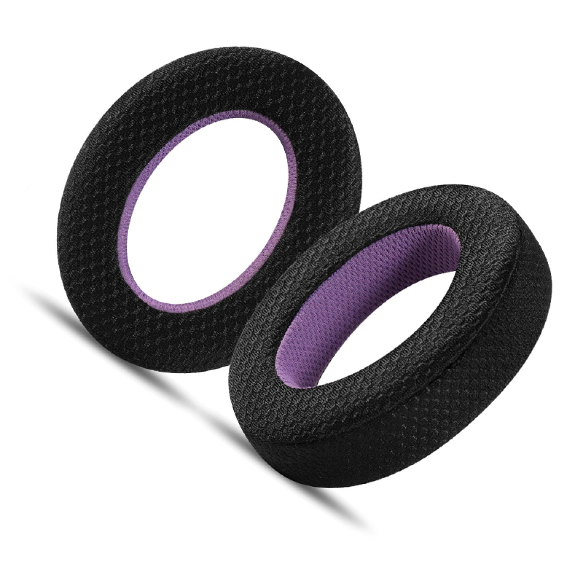 Zwei schwarze Ohrpolster mit violettem Innenring, auf weißem Hintergrund.