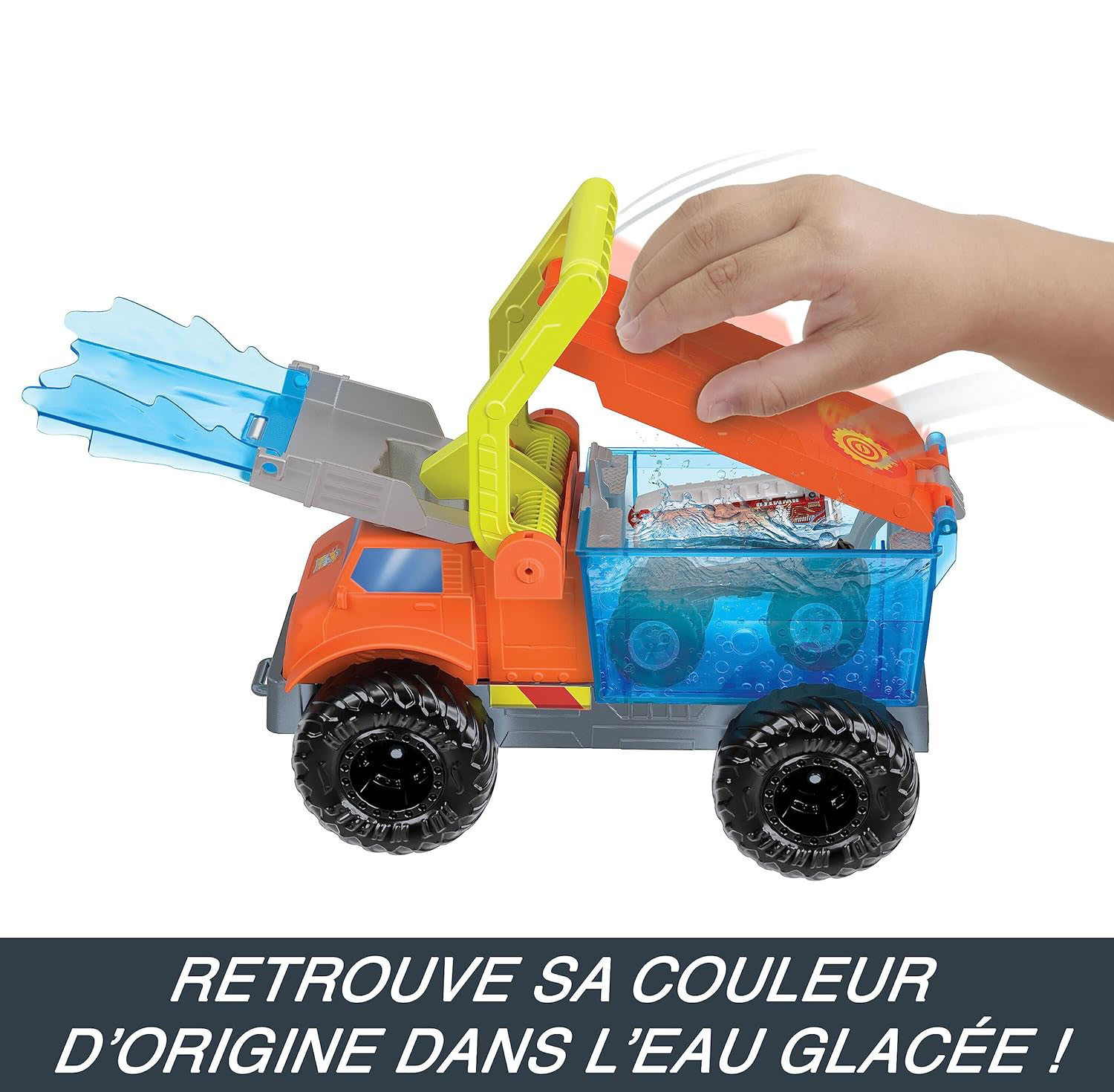 Pomarańczowo-niebieska zabawka-ciężarówka z interakcją dłoni dziecka, z efektem niebieskiej wody.