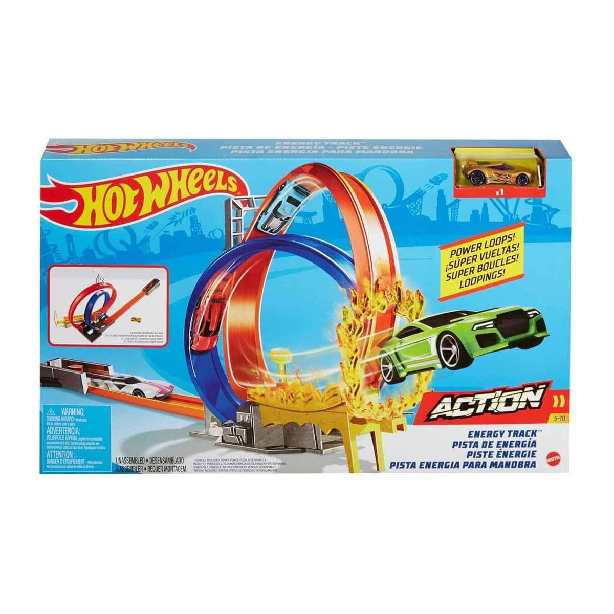 Zestaw torów Hot Wheels z dwoma samochodami ścigającymi się na pętli i ogniem. Pudełko pokazuje tor i samochody.