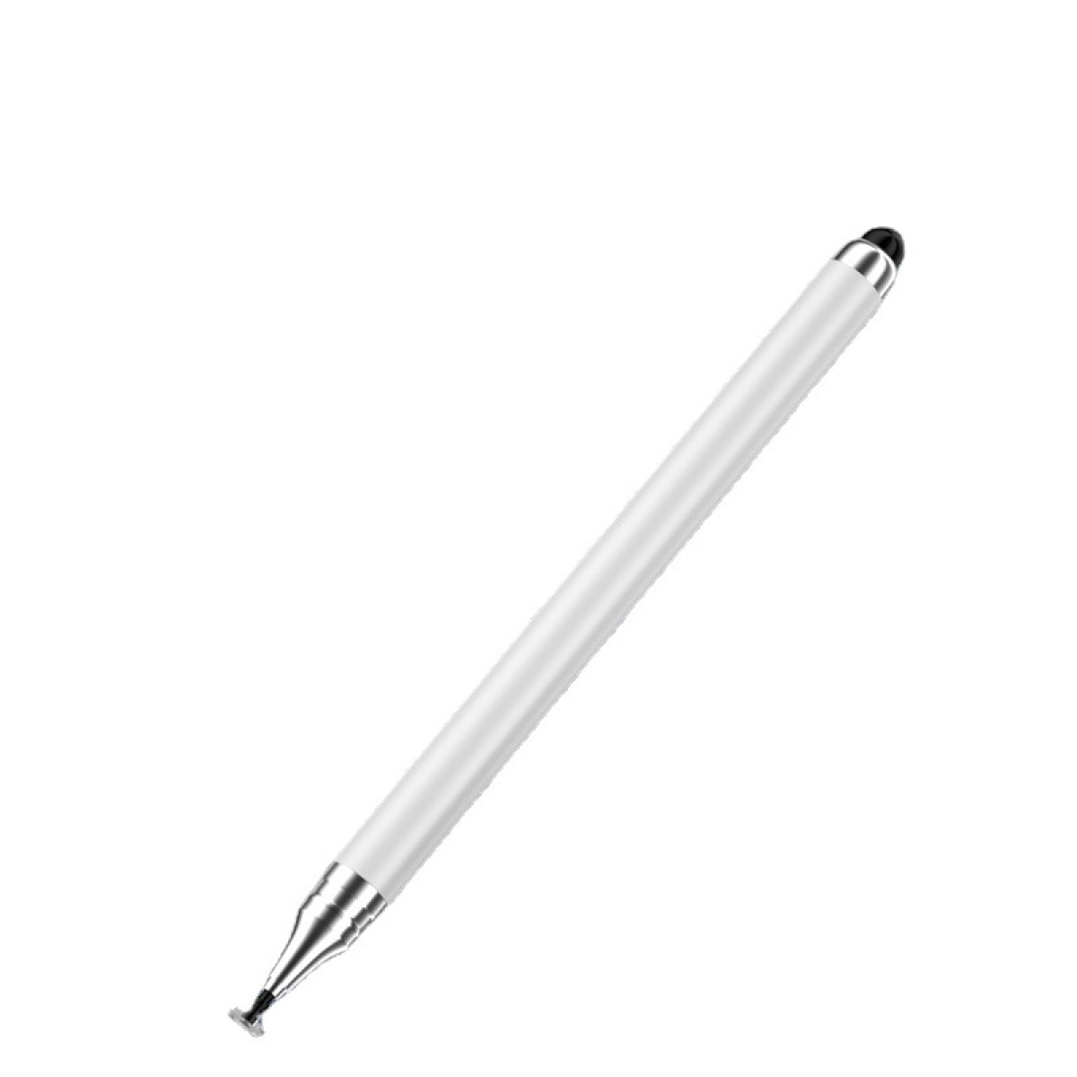 Weißer Stylus-Stift. Silberne Akzente, verjüngte Enden. Schwarze Spitze an einem Ende.