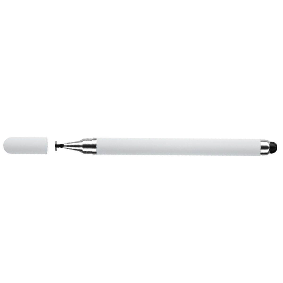 Ein weißer Eingabestift mit silberner Spitze und einer Kappe an der Seite. Der Hintergrund ist weiß.
