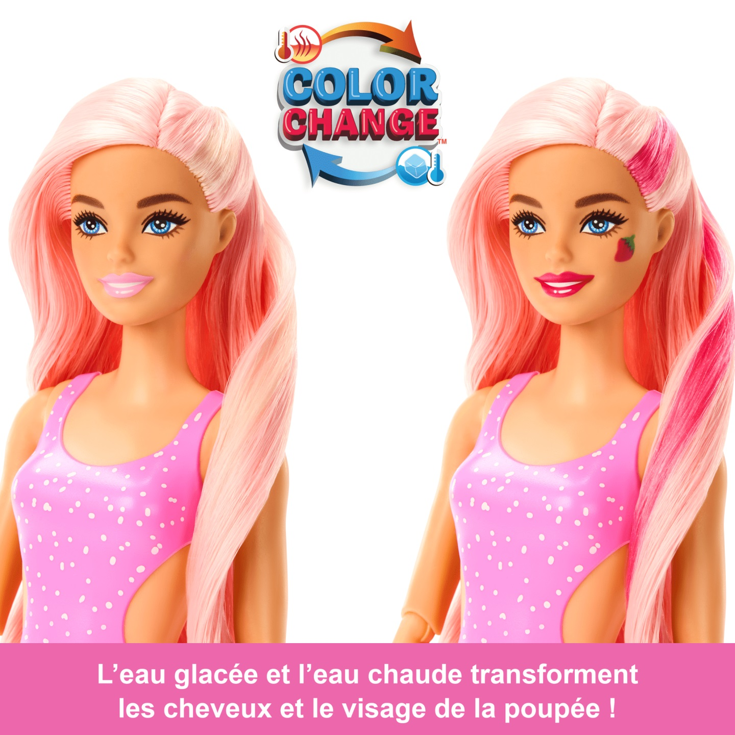Zwei Barbie-Puppen. Eine hat rosa Haare und ein kleines Herz auf der Wange. Farbwechsel-Thema.