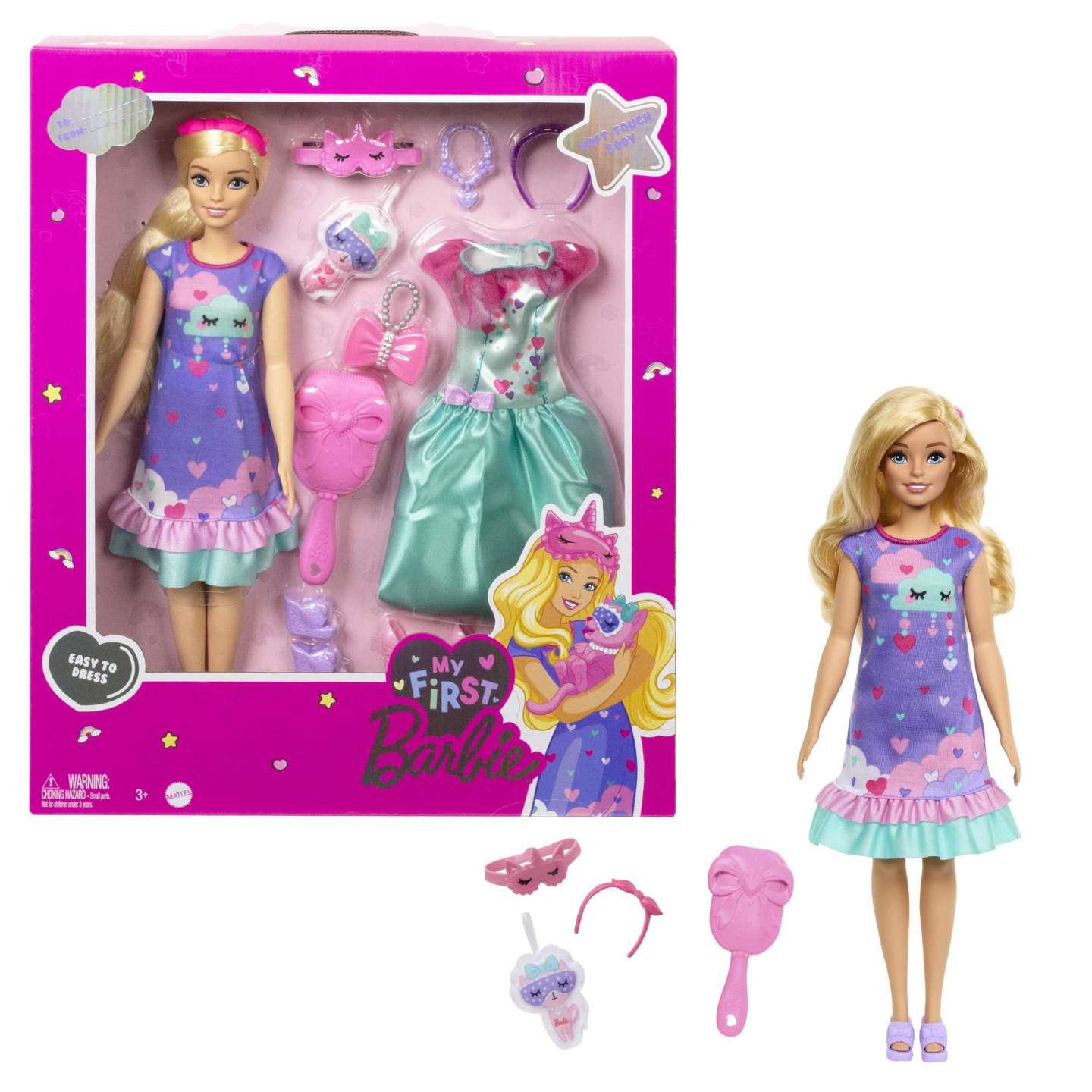 Ein Barbie-Puppen-Set mit Puppe und Zubehör. Enthält eine rosa Box und eine Puppe in einem Kleid.