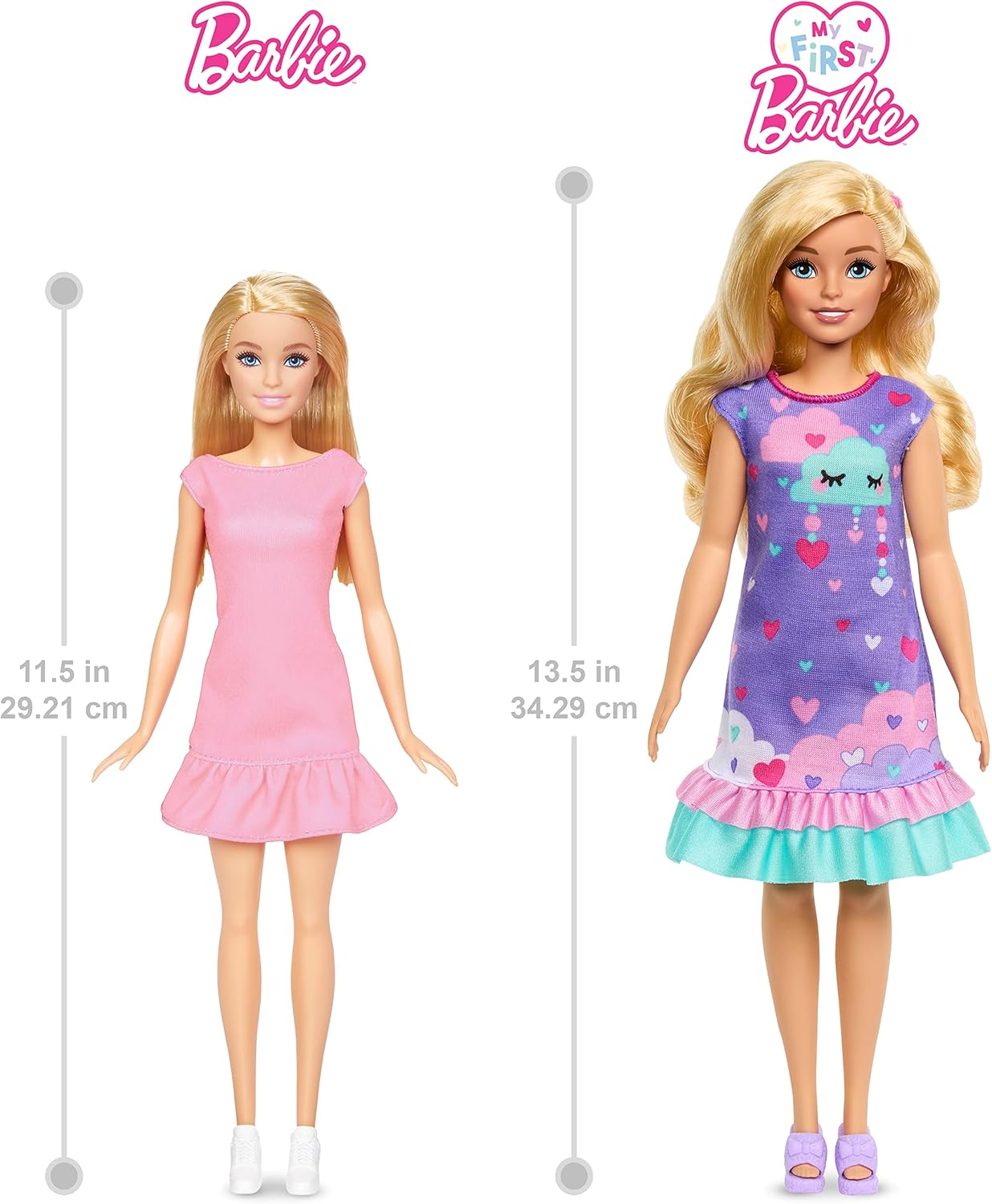 Zwei Barbie-Puppen, eine in Rosa und eine in Lila, mit Größenangaben.