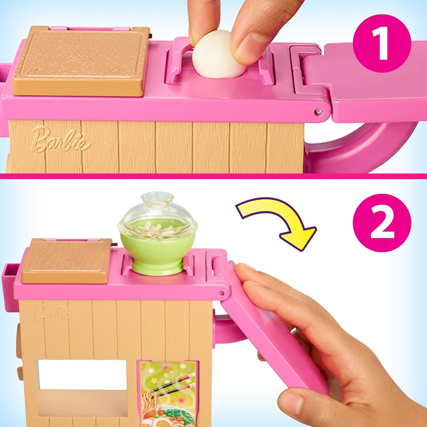 Set da cucina Barbie, che mostra i passaggi per cucinare.