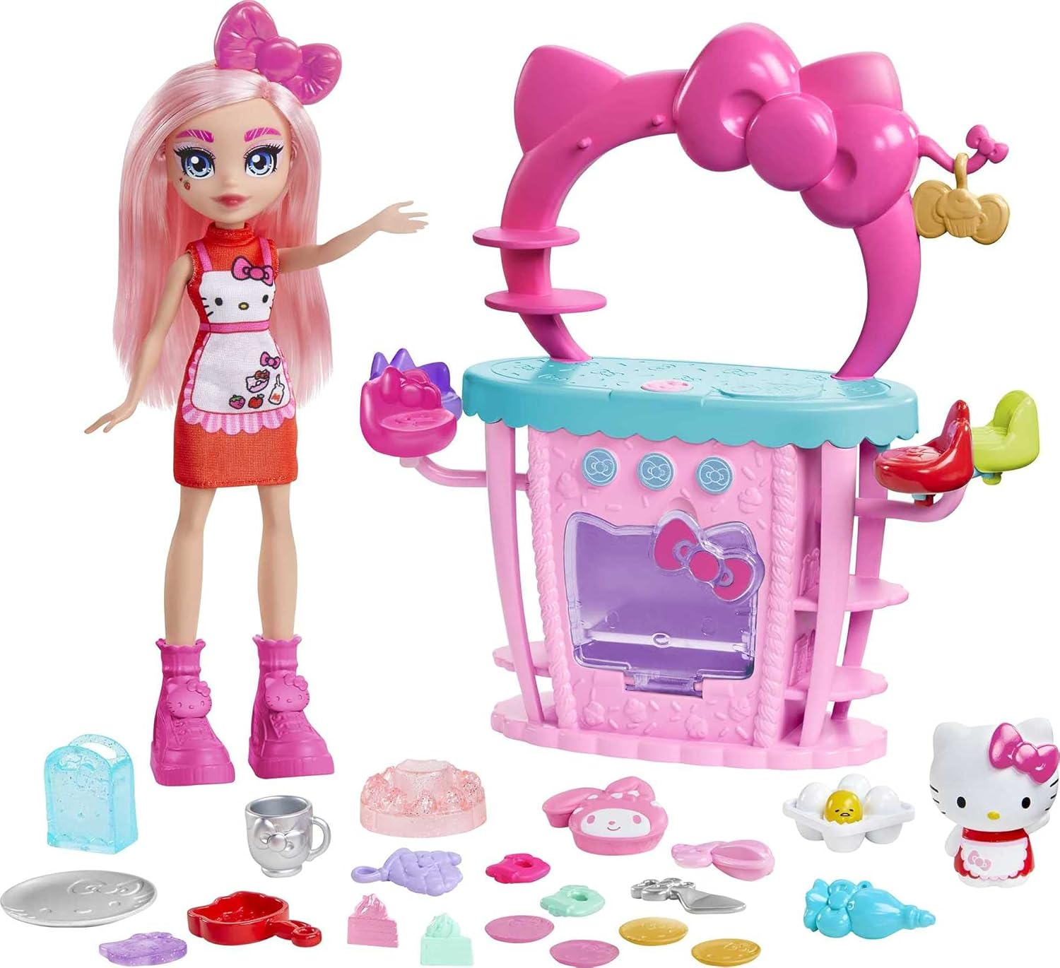Bambola Hello Kitty con set da forno. Forno rosa, accessori e bambola con capelli rosa.