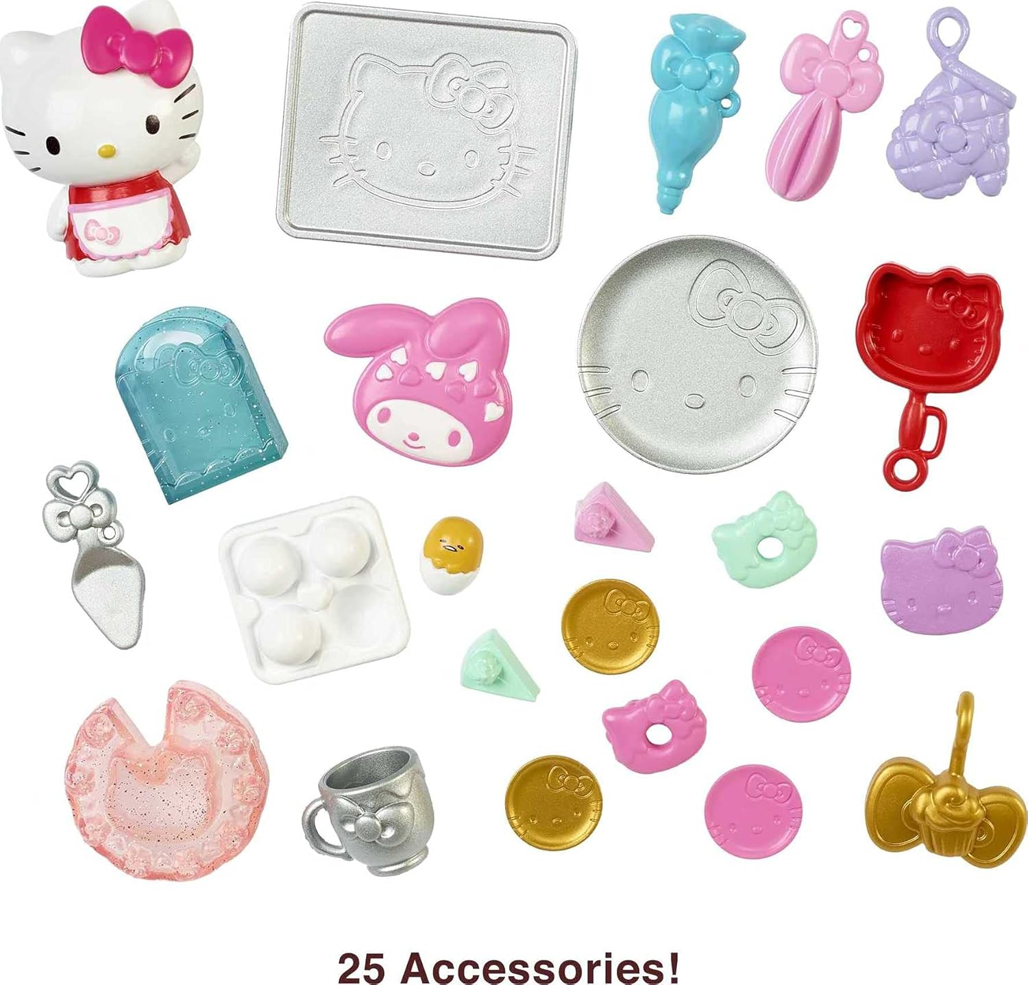 Accessori Hello Kitty. Vengono visualizzati 25 accessori. Gli accessori sono rosa, bianchi e gialli.