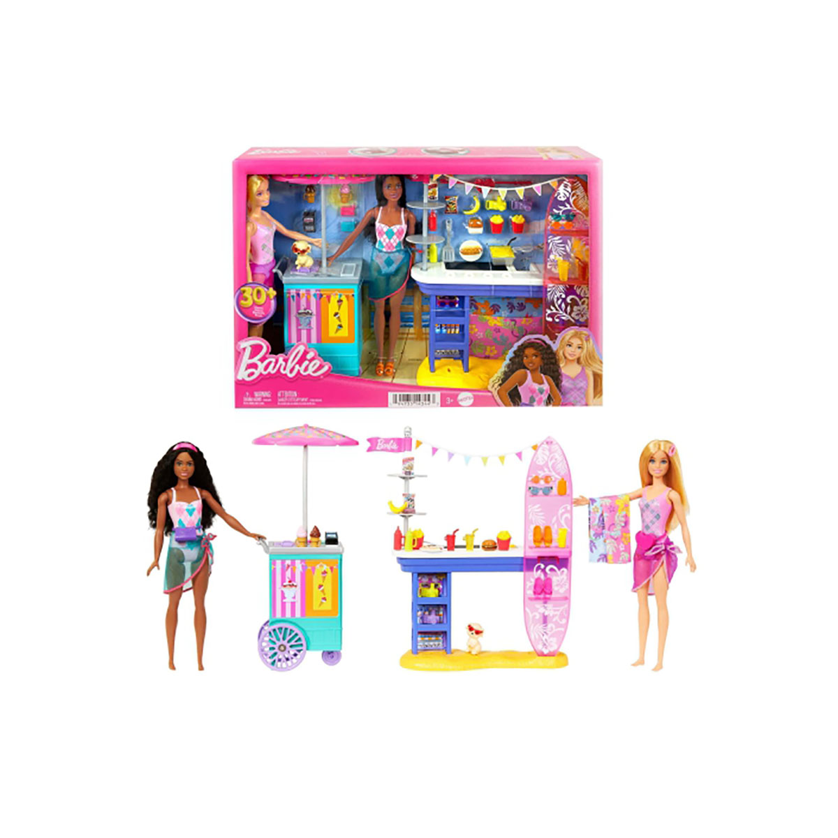 Barbie-Spielset mit drei Puppen und verschiedenen Spielzeugessen und Zubehör. Stand und Wagen enthalten.