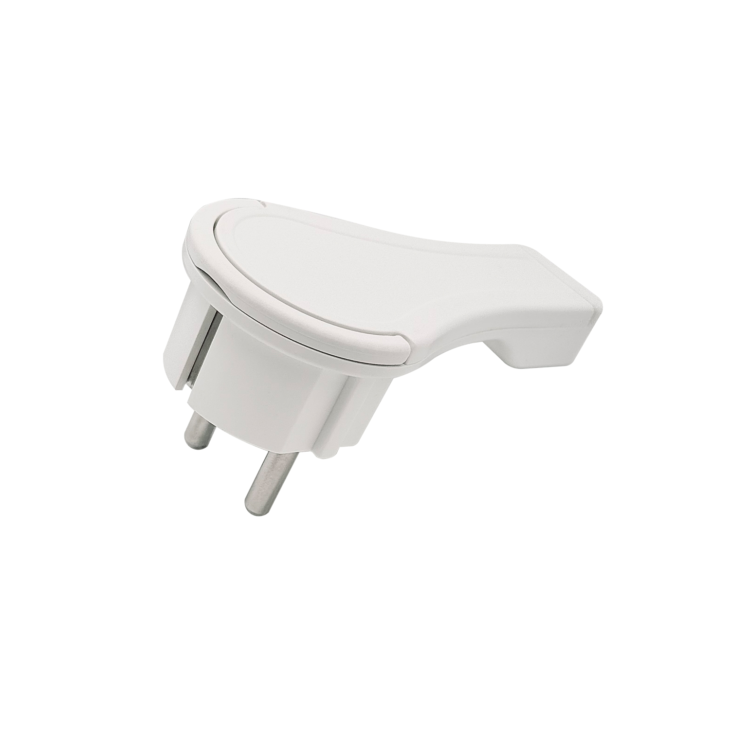 Weißer elektrischer Stecker mit zwei Stiften und einem Griff.