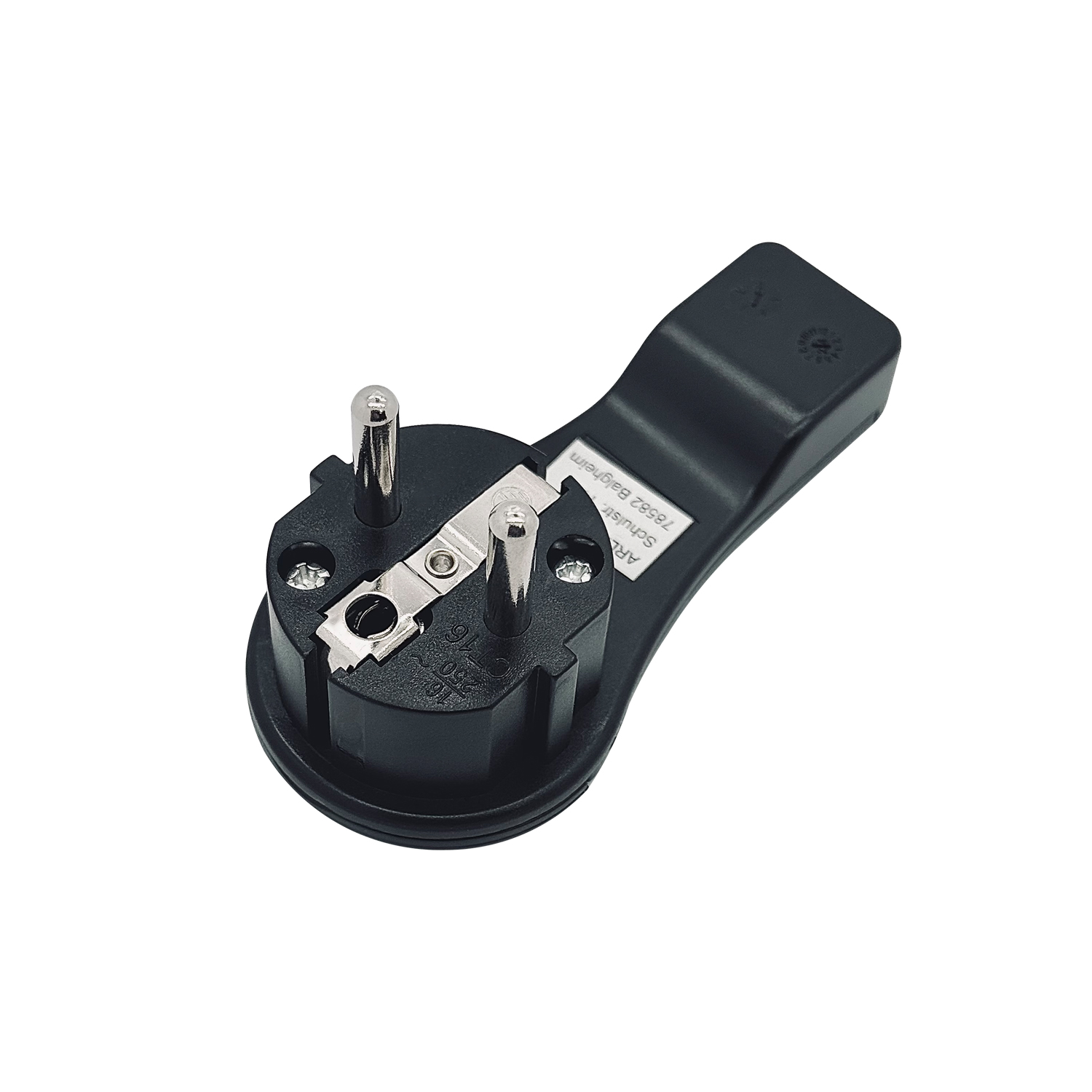 Ein schwarzer Stecker mit Stiften und einem Etikett.