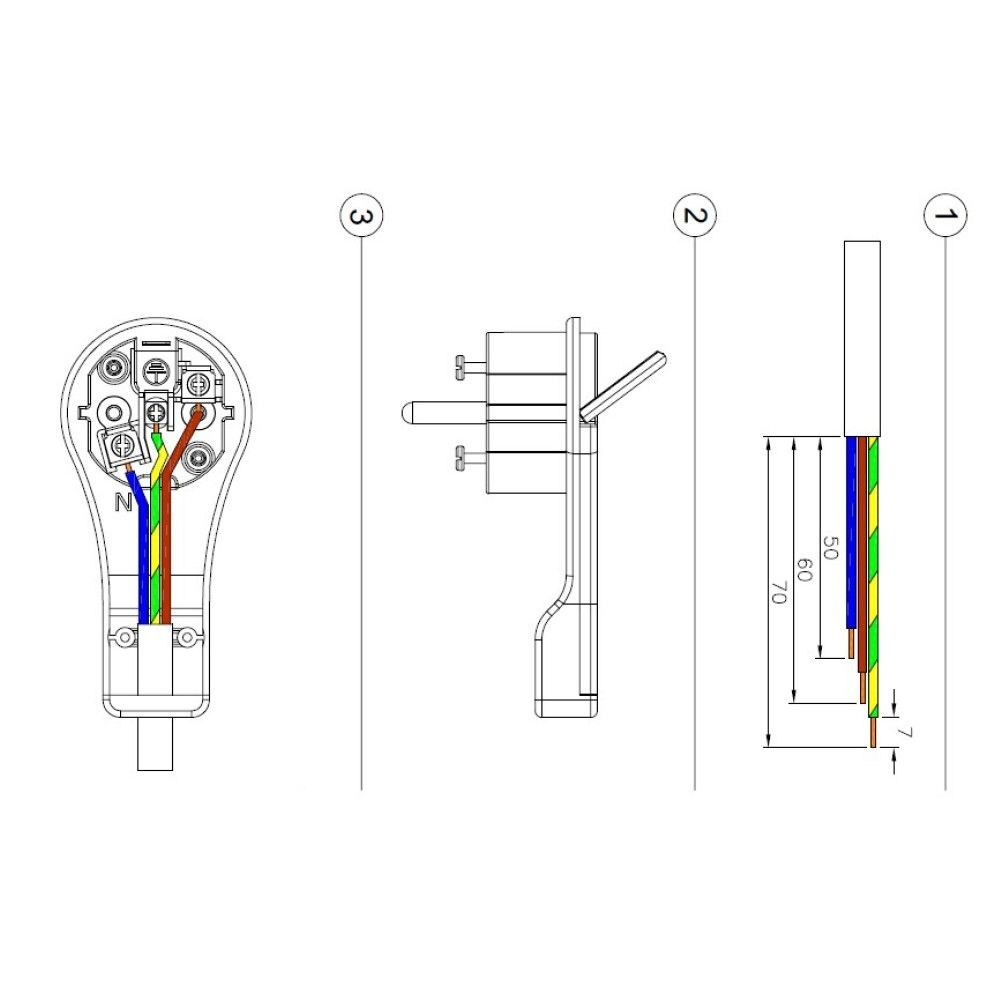 Diagramm eines Steckers. Zeigt Innenkabel, Stecker und Abmessungen des Steckers.