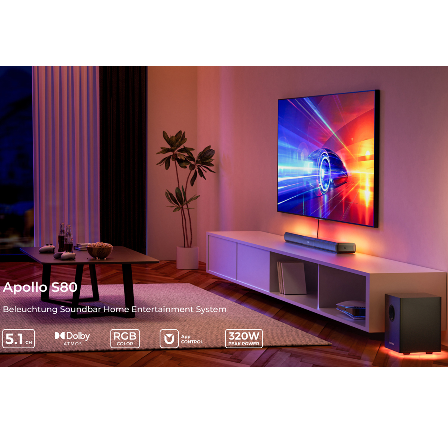 Wohnzimmer mit Fernseher, Soundbar und Subwoofer. Text: Apollo S80, Dolby Atmos, 5.1 CH und 320W.