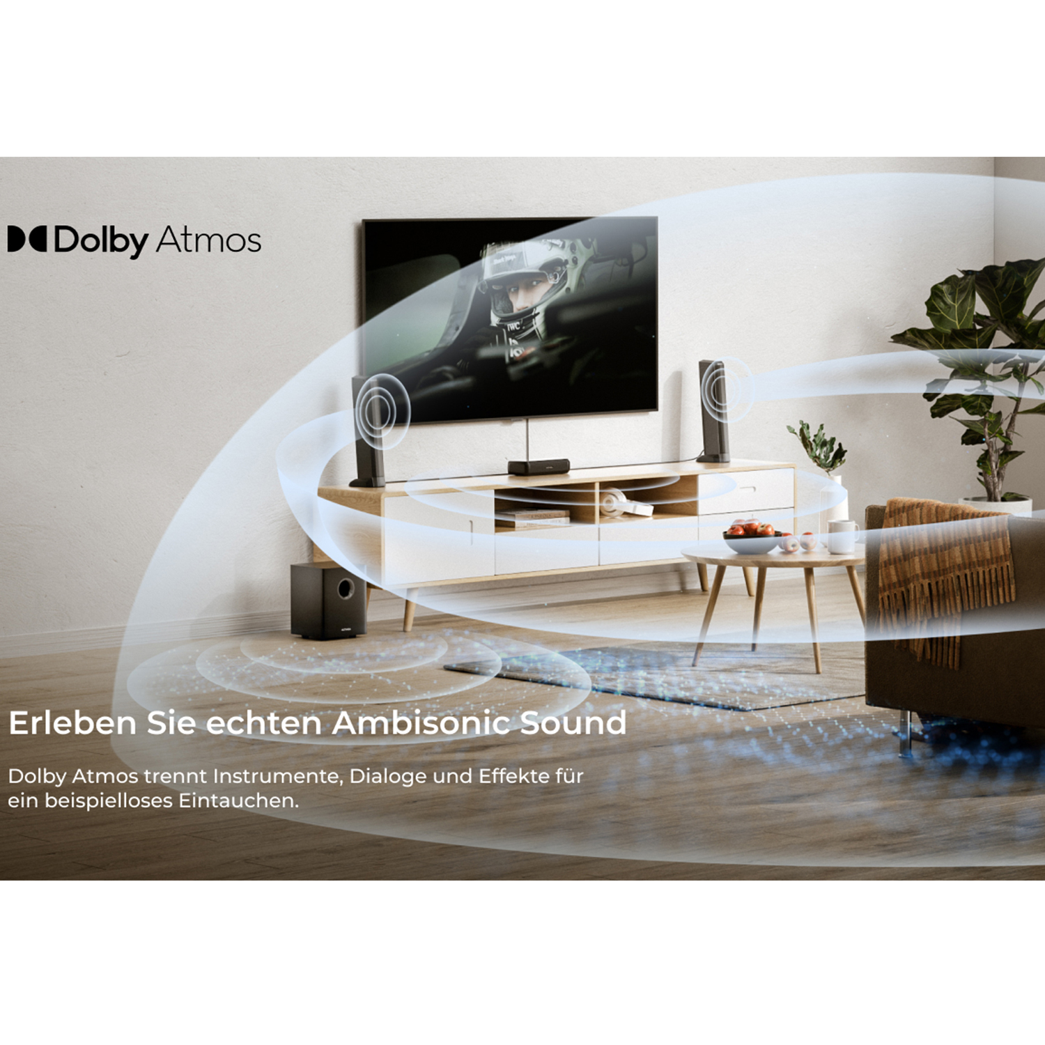 Wohnzimmer-Setup mit TV, Subwoofer und Lautsprechern. Text über Dolby Atmos und Sound.