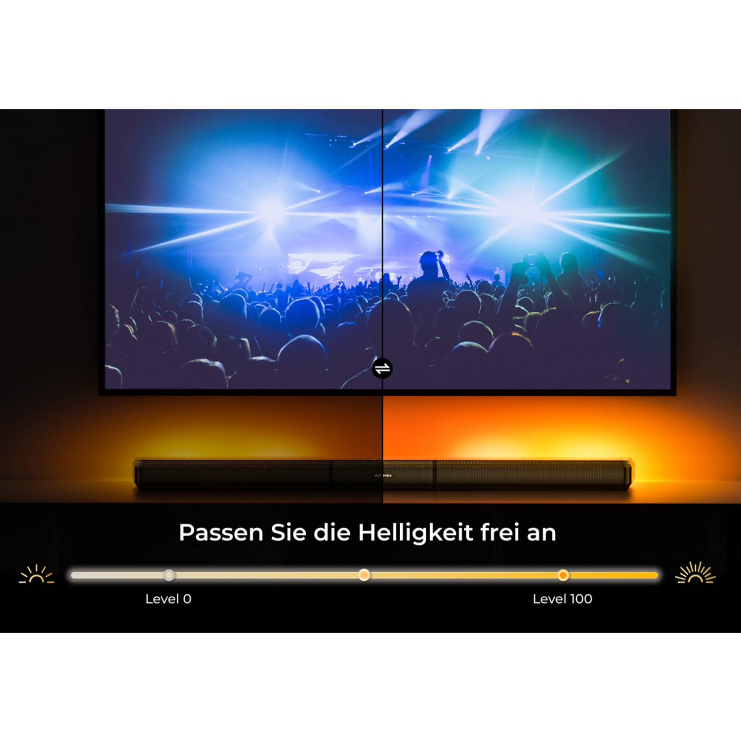 TV zeigt Konzert, Soundbar unten mit wechselnden Helligkeitsstufen, Text: Passen Sie die Helligkeit frei an.