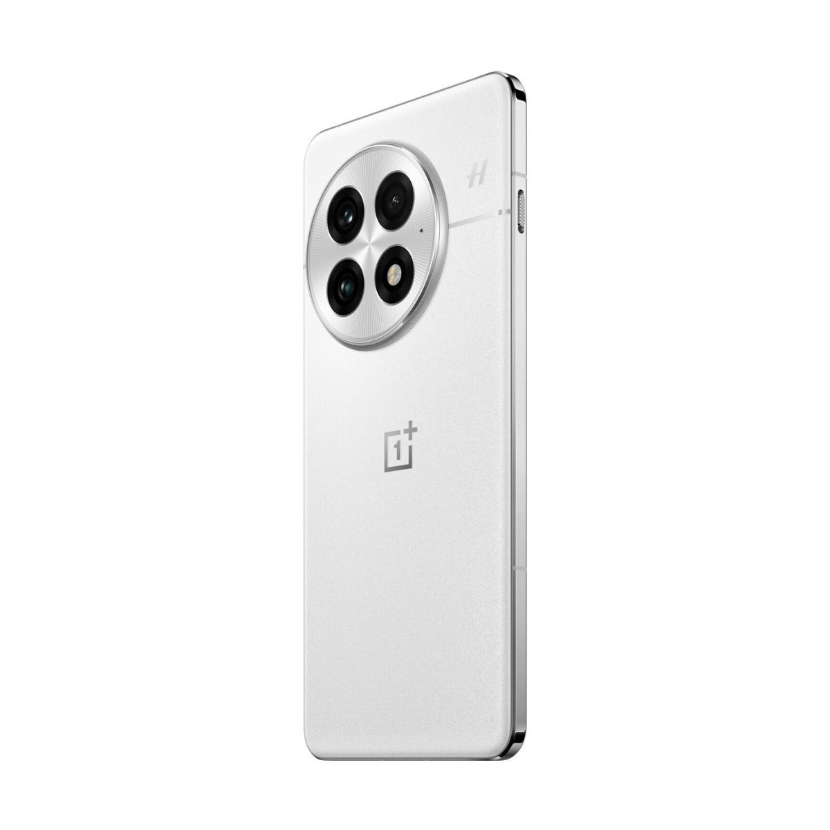 Biały smartfon ze srebrnym modułem aparatu i logo OnePlus na białym tle.