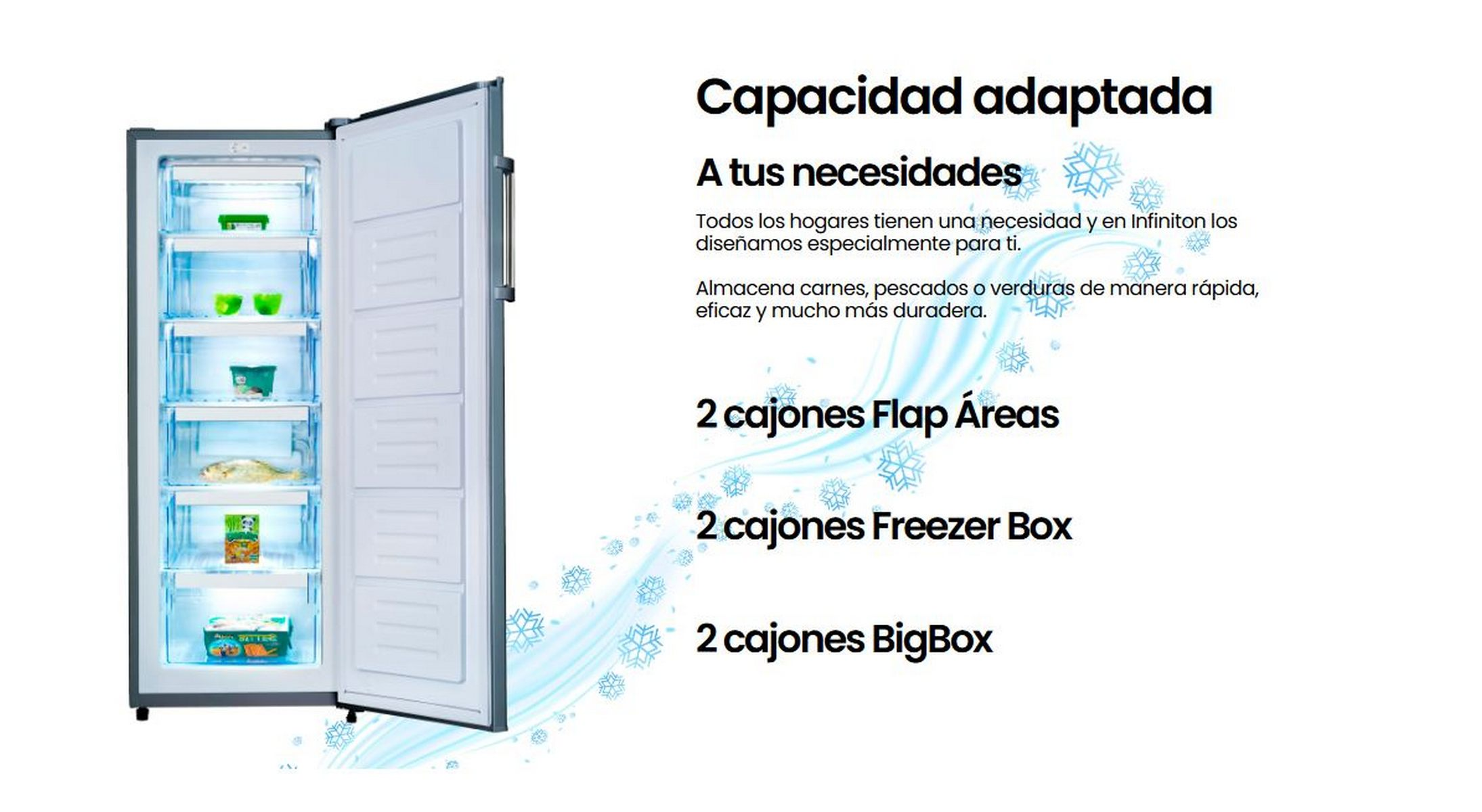 Un congelador abierto que muestra estantes con productos y texto sobre su capacidad y características en español.