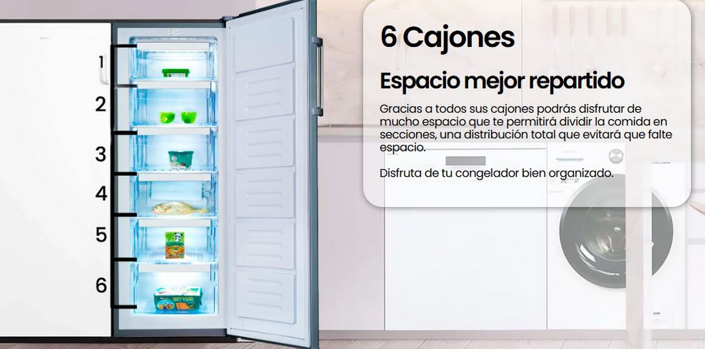 Interior del refrigerador. Seis cajones, etiquetados 1-6, llenos de alimentos.