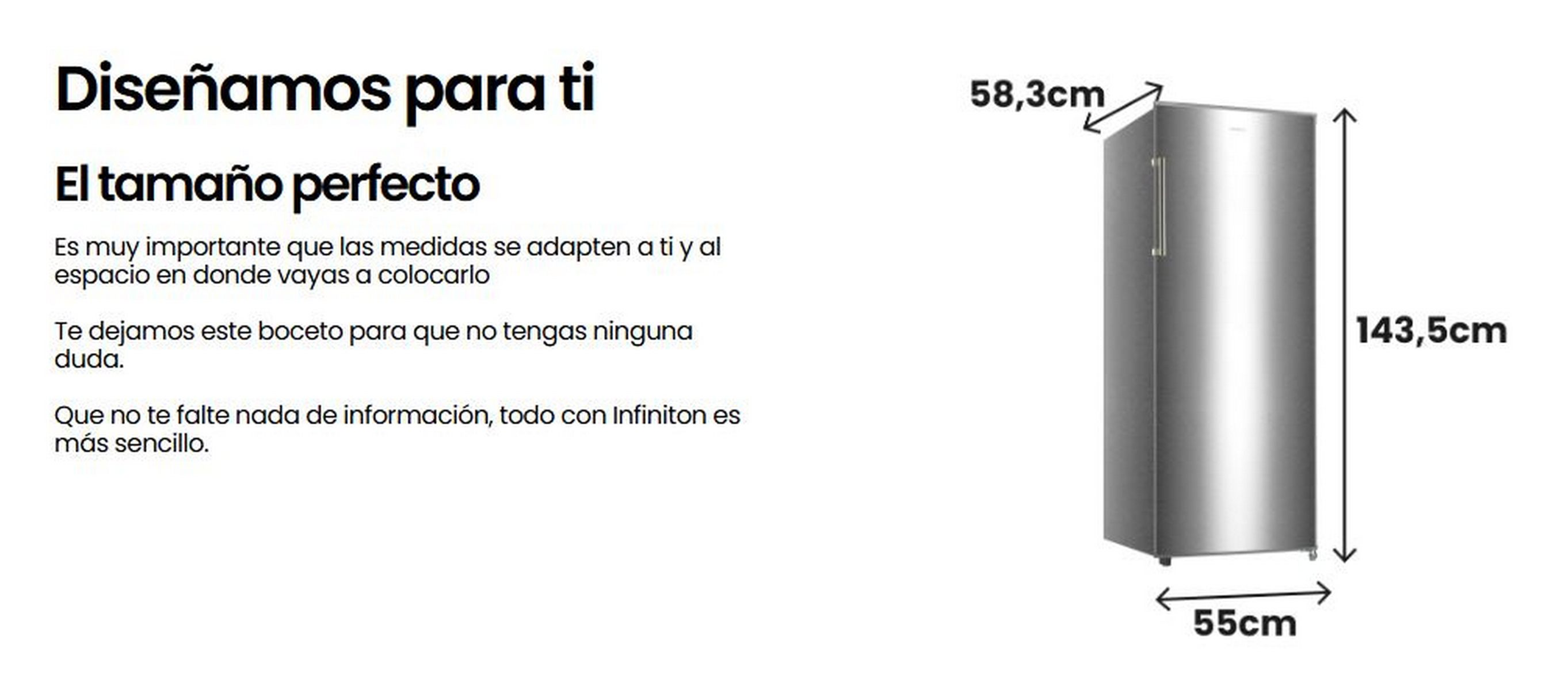 Refrigerador plateado con dimensiones 55cm x 58.3cm x 143.5cm. Texto en español.