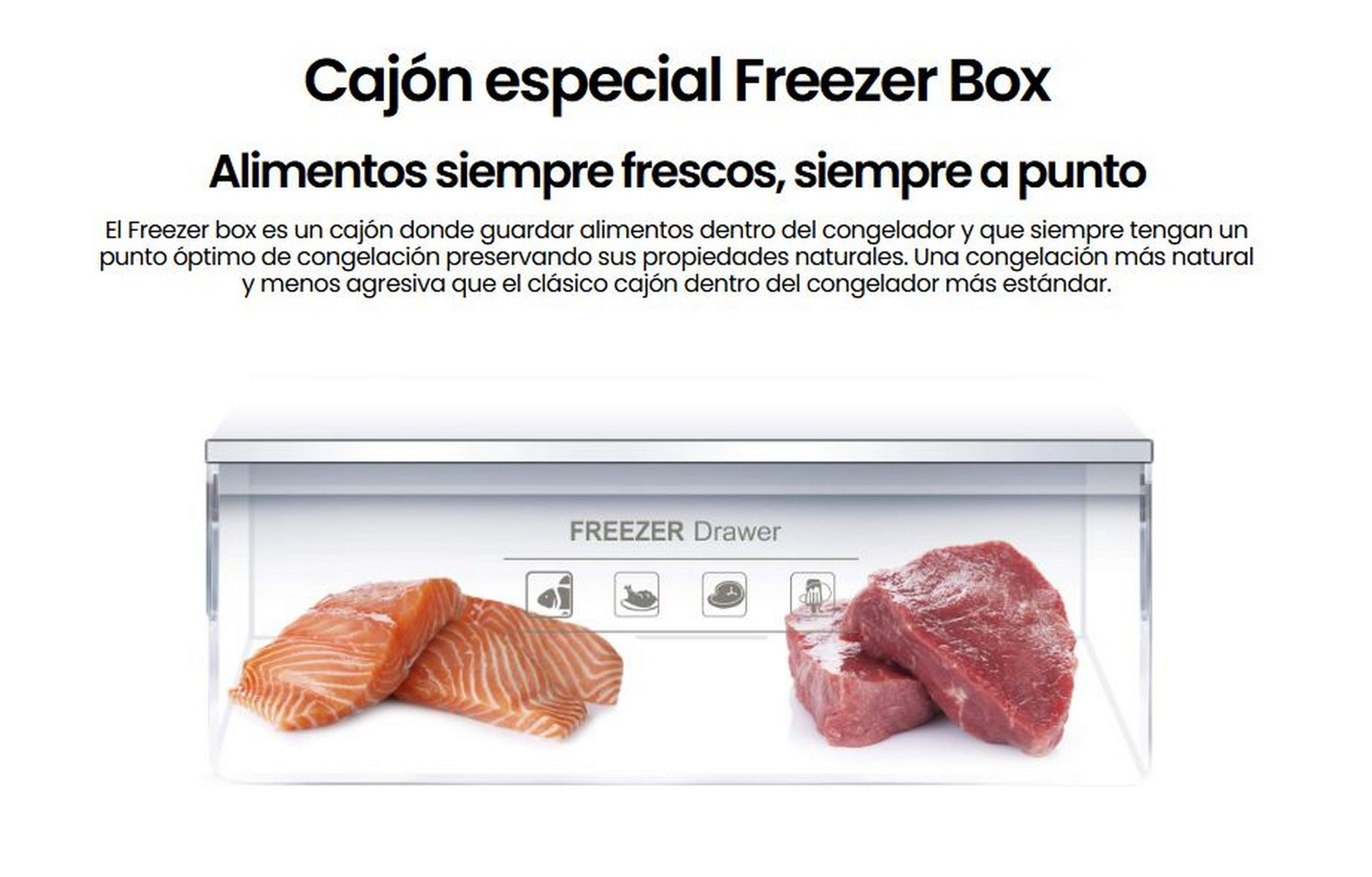 Un cajón de congelador con salmón y carne, con texto en español. Texto del cajón del congelador visible.