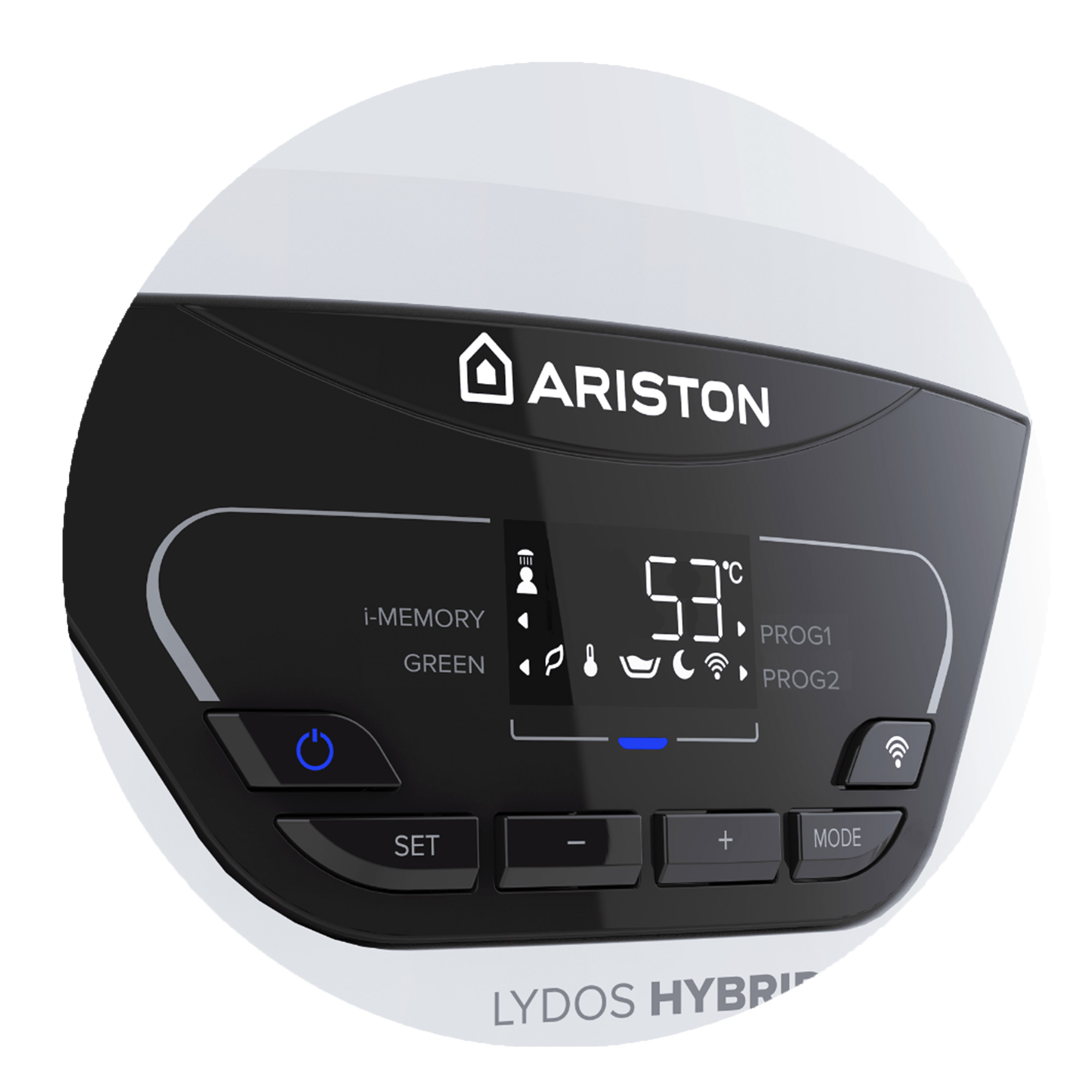 Calentador de agua blanco con panel de control negro. Pantalla con números e iconos. Logotipo Ariston.