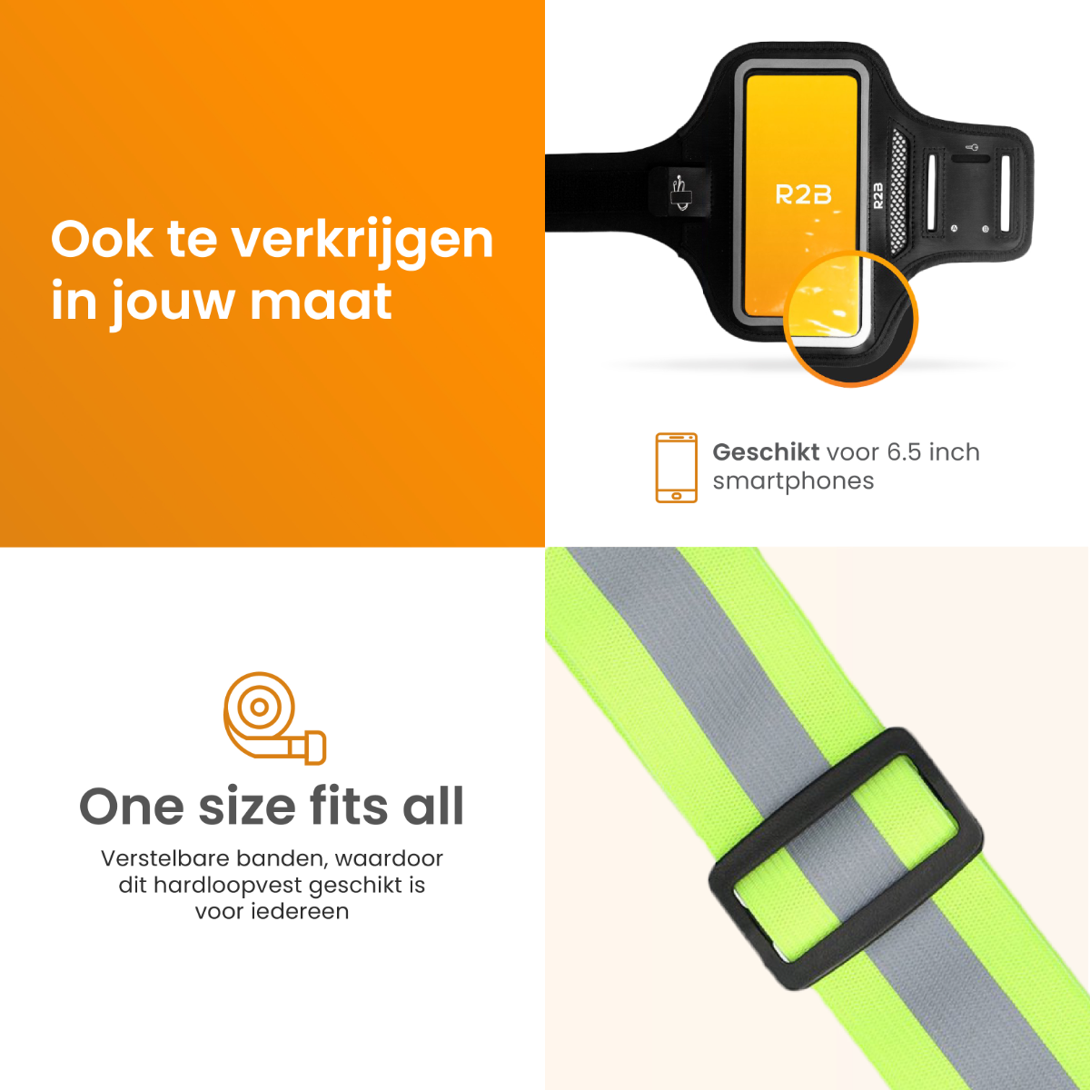 Armband für Smartphones. Gezeigt wird auch eine reflektierende Weste und Text zur Größe.