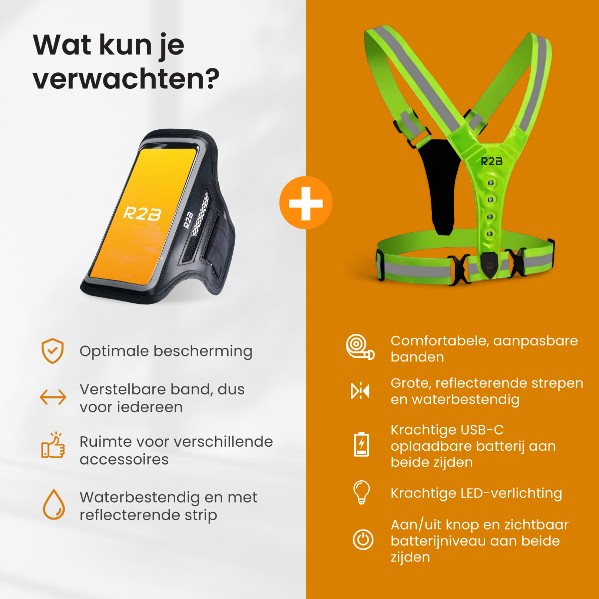 Eine Produktwerbung mit einem Telefonhalter, einer reflektierenden Weste und Funktionssymbolen.