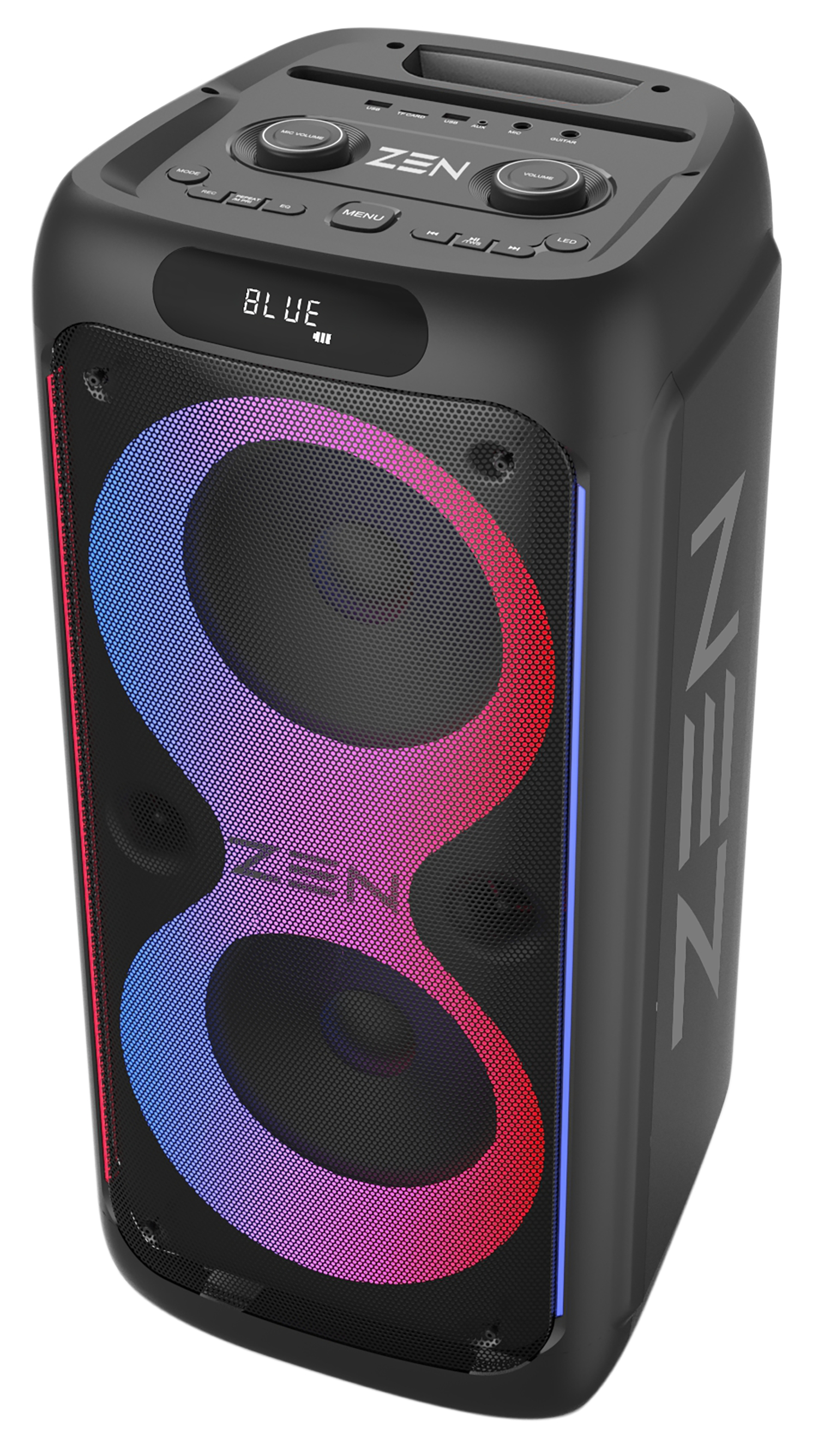 Altoparlante nero con display luminoso blu e rosso. Ha pulsanti e la parola 'ZEN'.