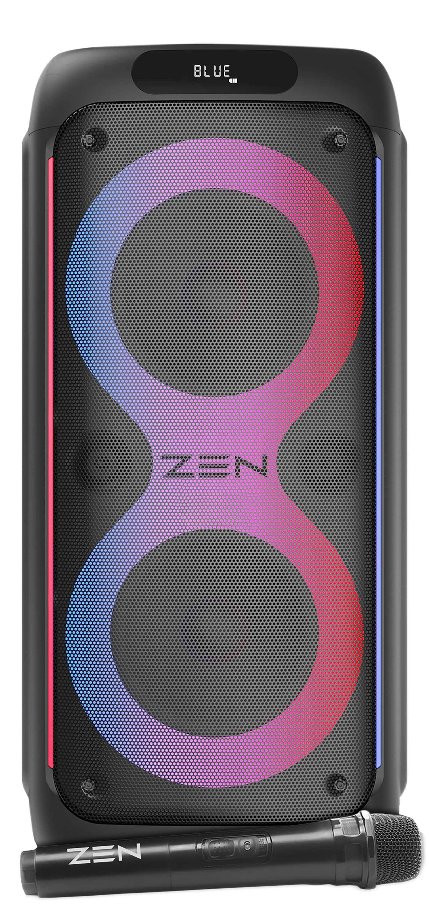Un altoparlante nero con un display luminoso vibrante e colorato e un microfono.