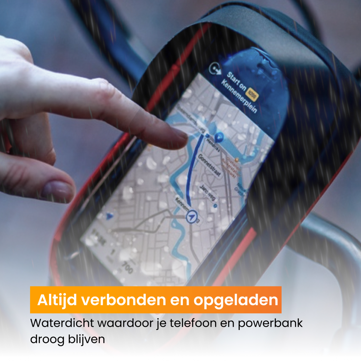 Een telefoon in een stuurhouder, met een kaart met regendruppels op het scherm.