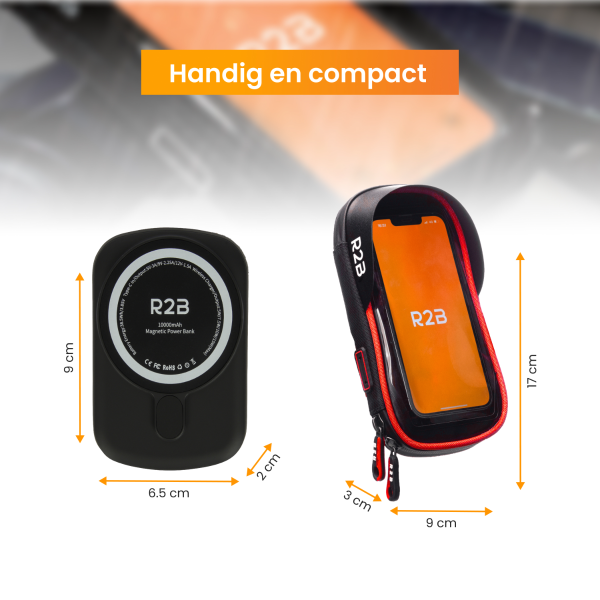 Zwarte magnetische powerbank en telefoonhoes, met afmetingen.