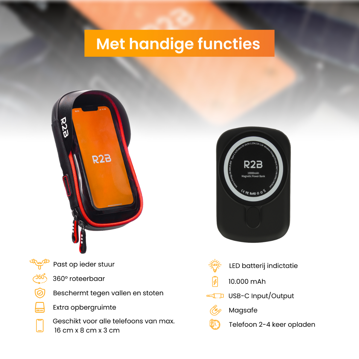 Zwarte telefoonhouder met rode accenten en een zwarte magnetische powerbank met details.