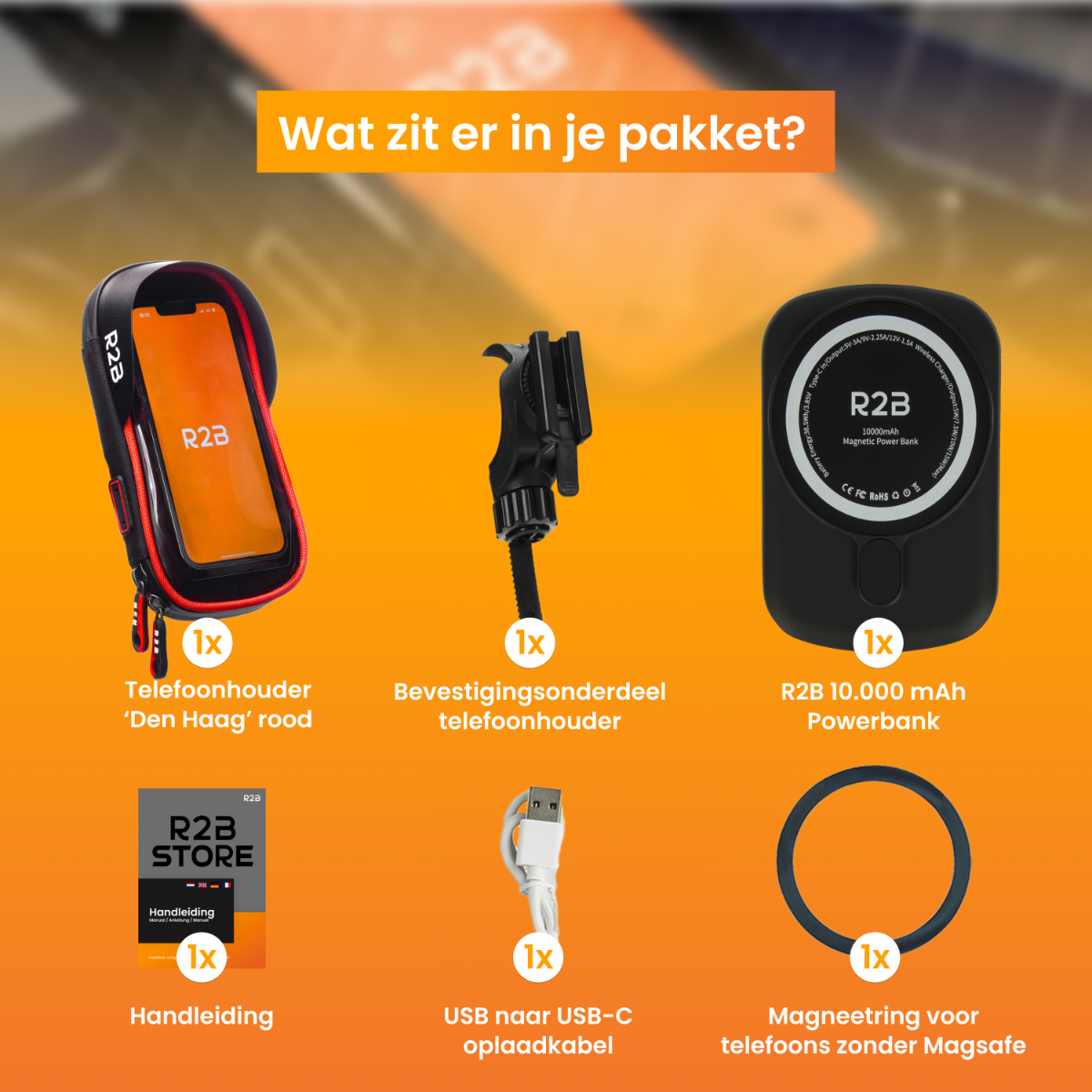 Items: telefoonhoes, telefoonhouder, powerbank, kabel, ring. Alles op een oranje oppervlak.