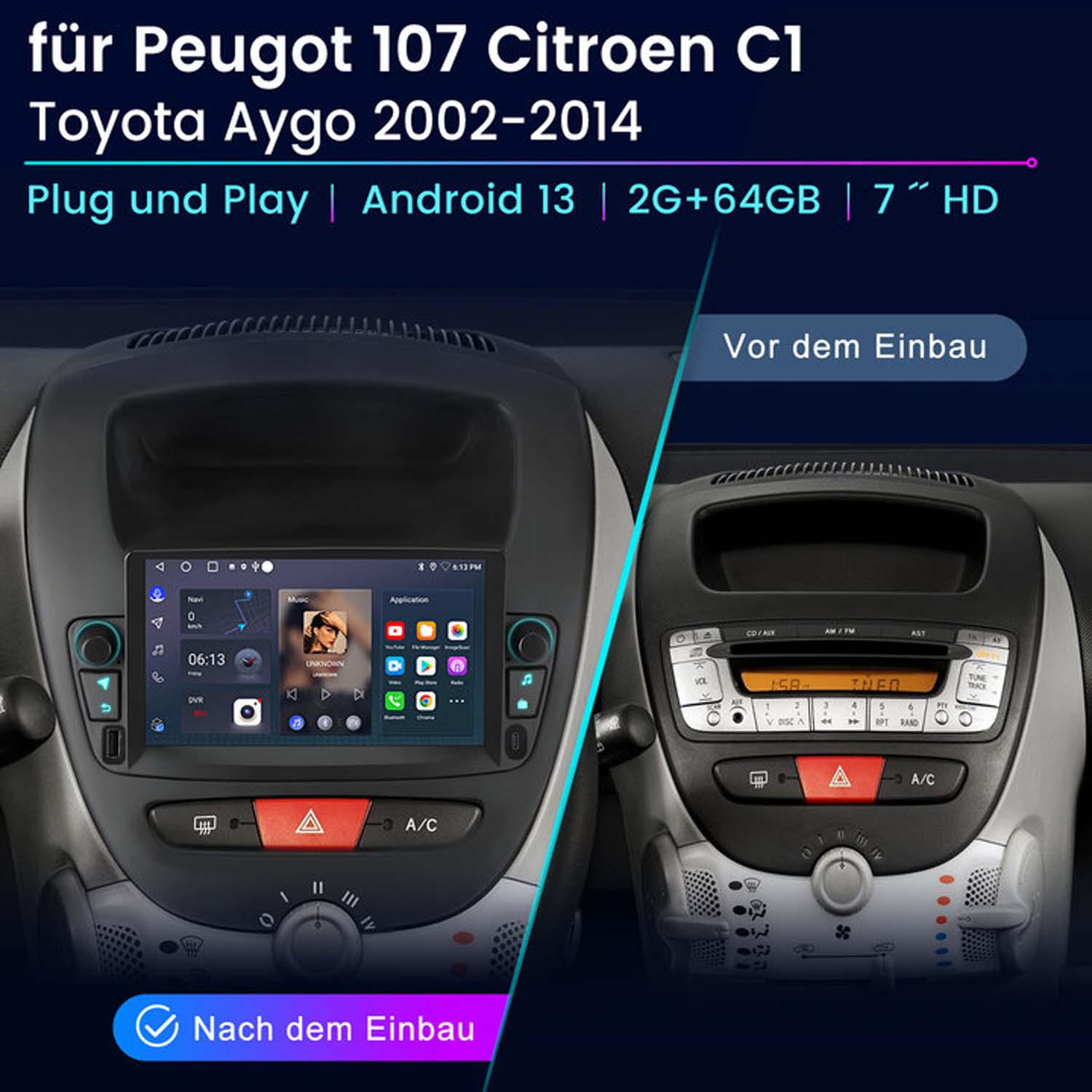 Panel samochodu z ekranem, pokazujący instalację nowego systemu Android.