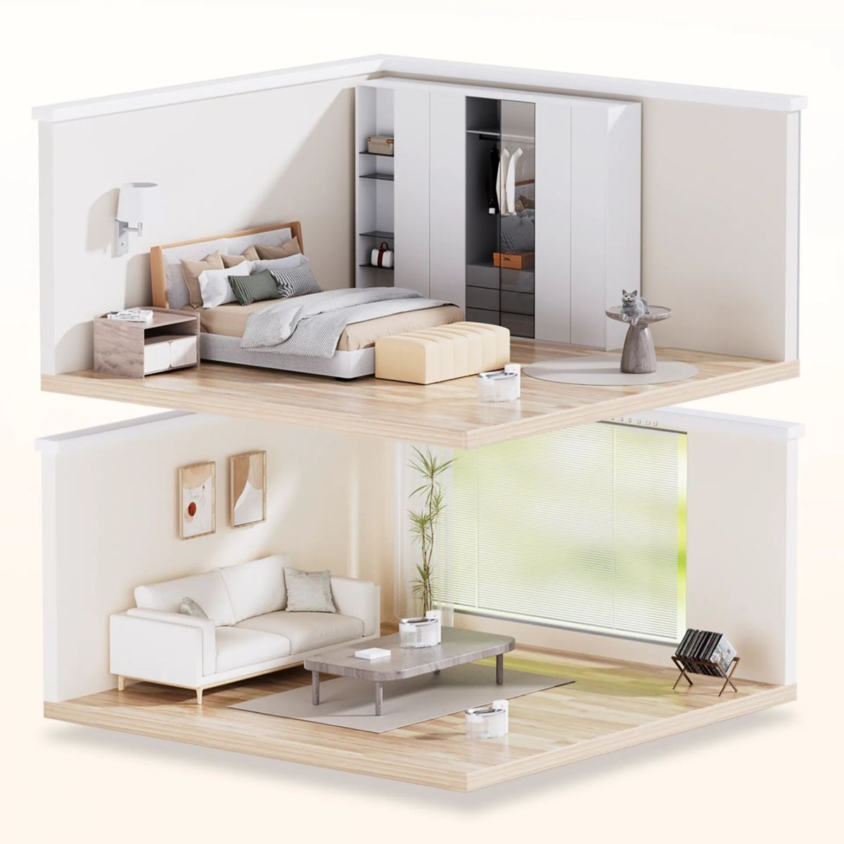 Rendering 3D di una camera da letto e di un soggiorno, che mostra mobili.