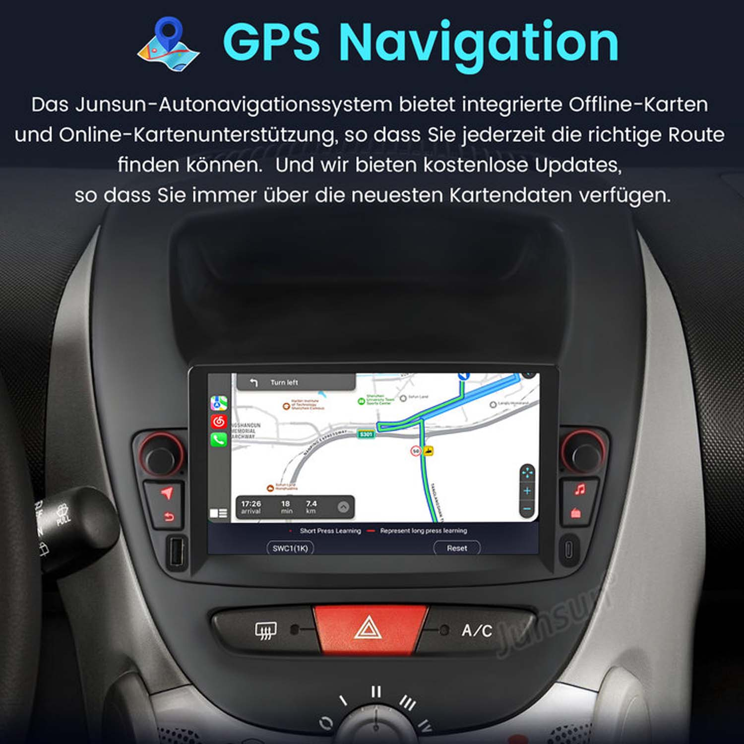 Deska rozdzielcza samochodu z nawigacją GPS. Niemiecki tekst o funkcjach nawigacji.