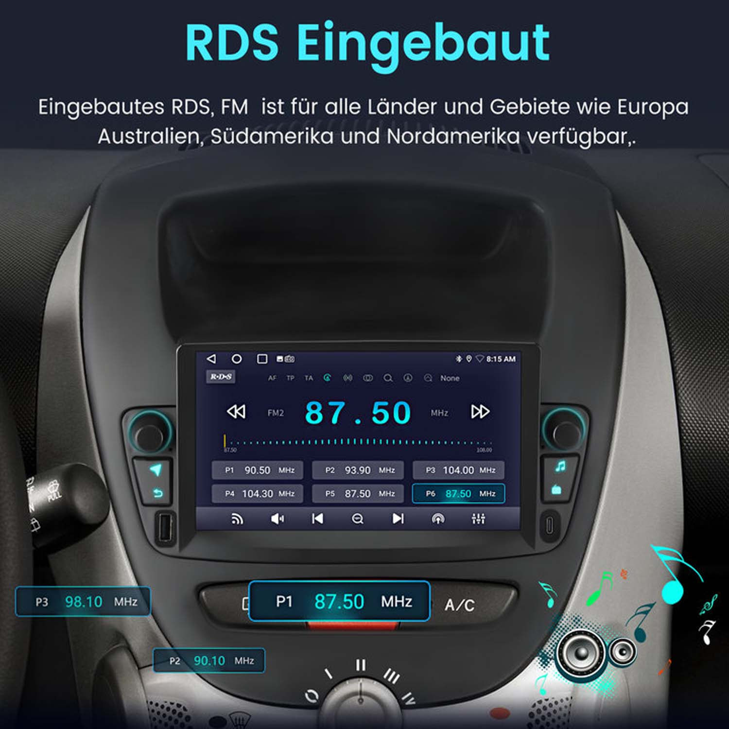 Interfejs radia samochodowego wyświetlający informacje RDS, z przyciskami. Tekst: RDS Eigebaut.