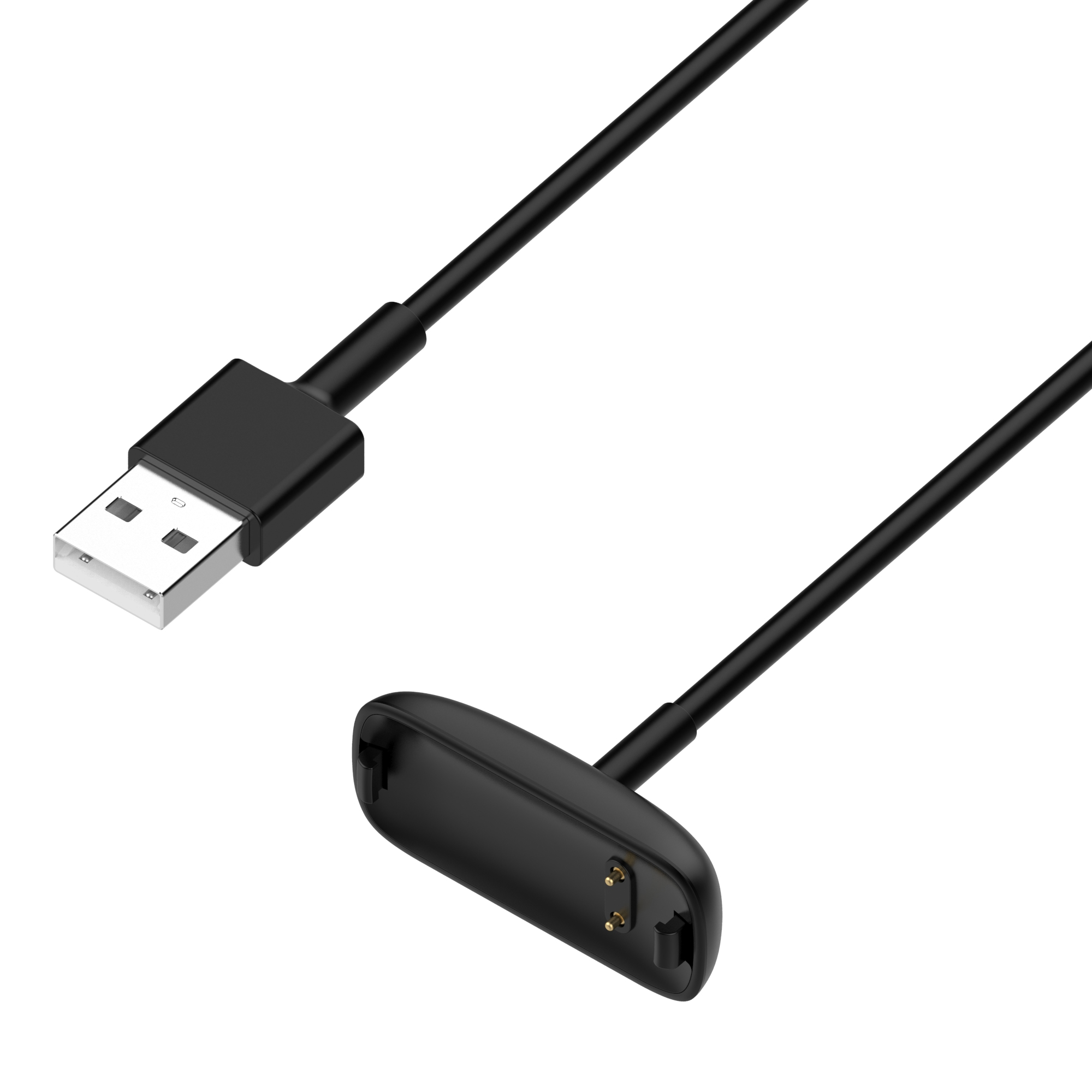 Schwarzes Ladekabel mit USB- und Ladeanschluss. Weißer Hintergrund.