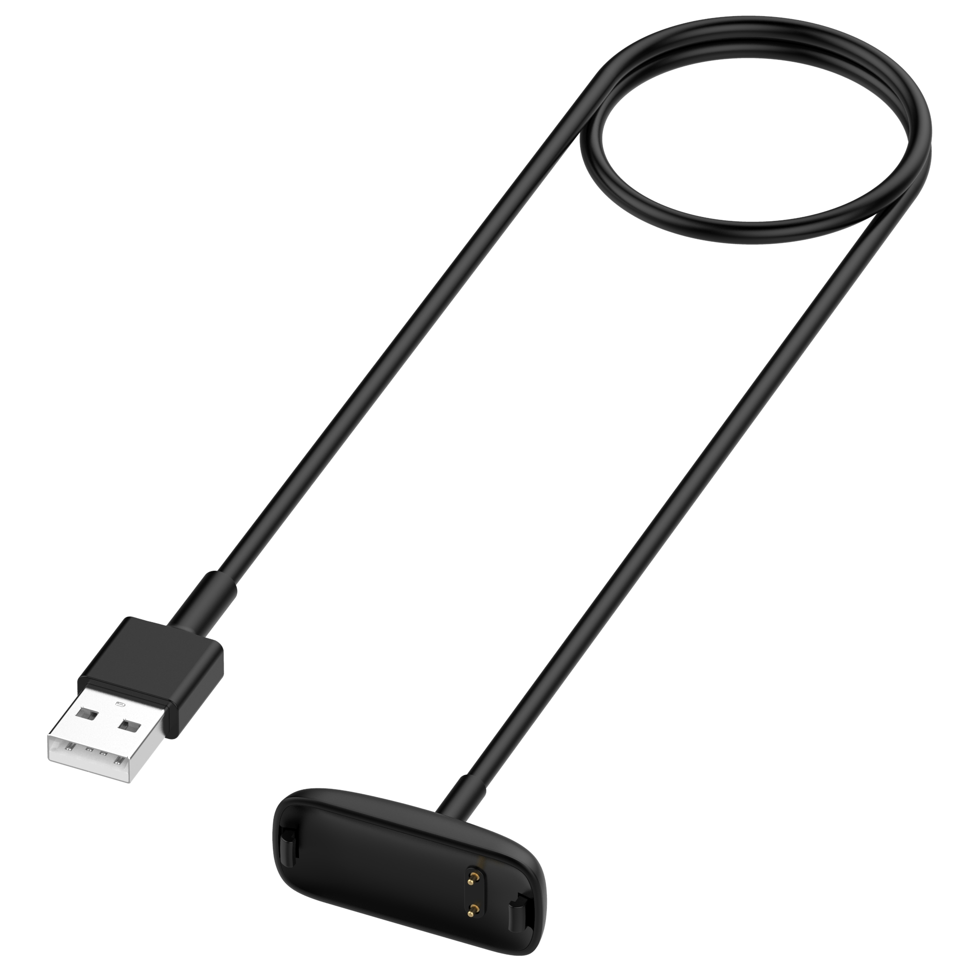 Schwarzes USB-Ladekabel mit USB-Anschluss und Ladeanschluss.