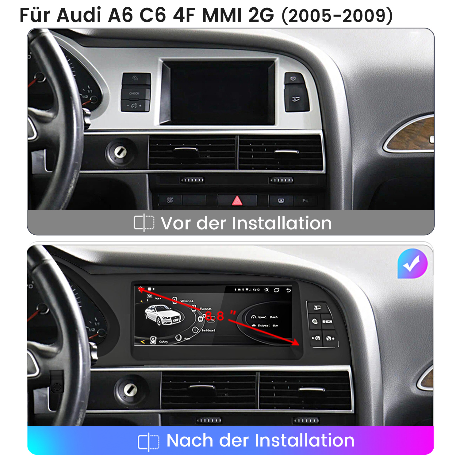 Audi A6 Armaturenbrett vor und nach der Installation eines neuen Bildschirms mit Navigation und Fahrzeuginformationen.